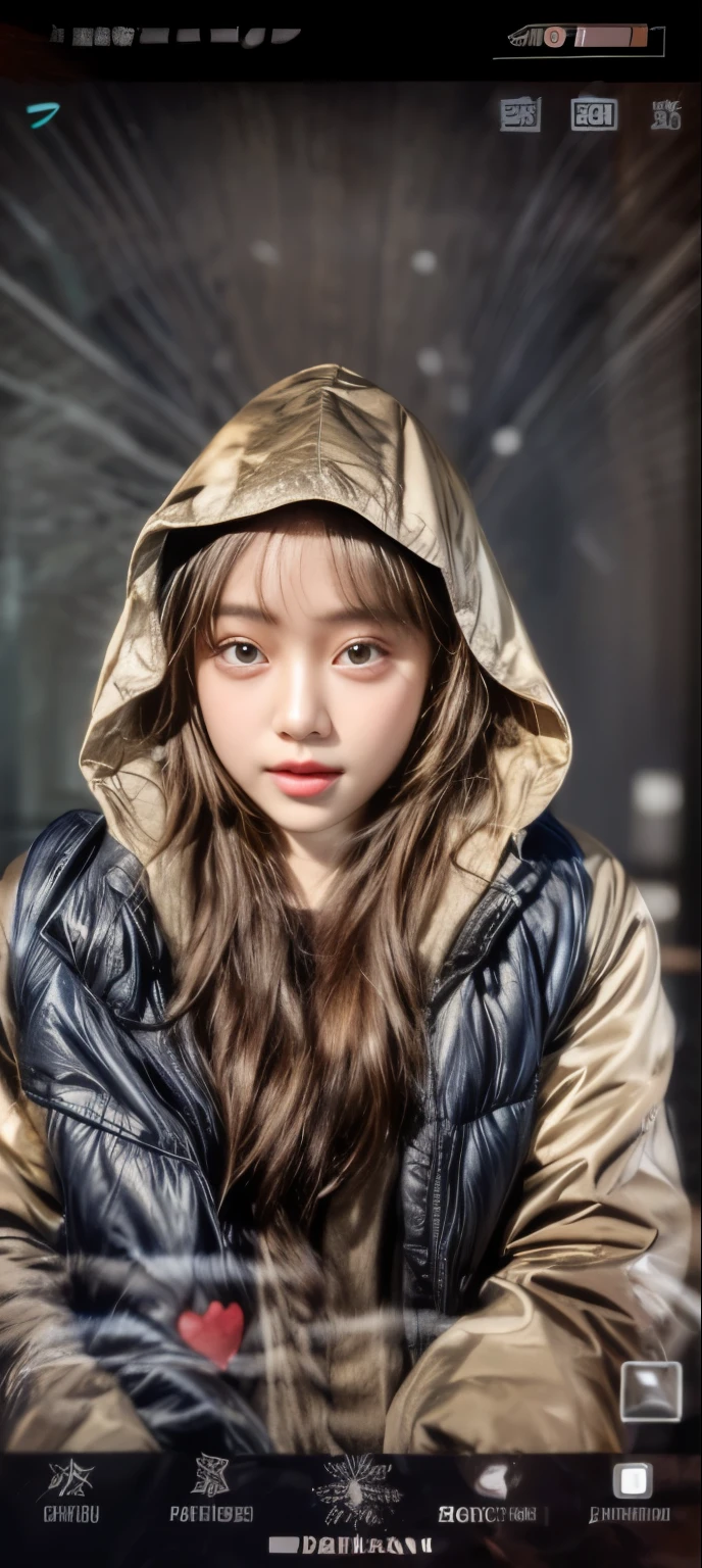 masterpiece、8K、32K、top-quality、(A detailed eye)、(A cute Japanese woman、bangss)、23years old、elegent、Christmas、Wearing a hood、Down jacket、Cheerful、heart