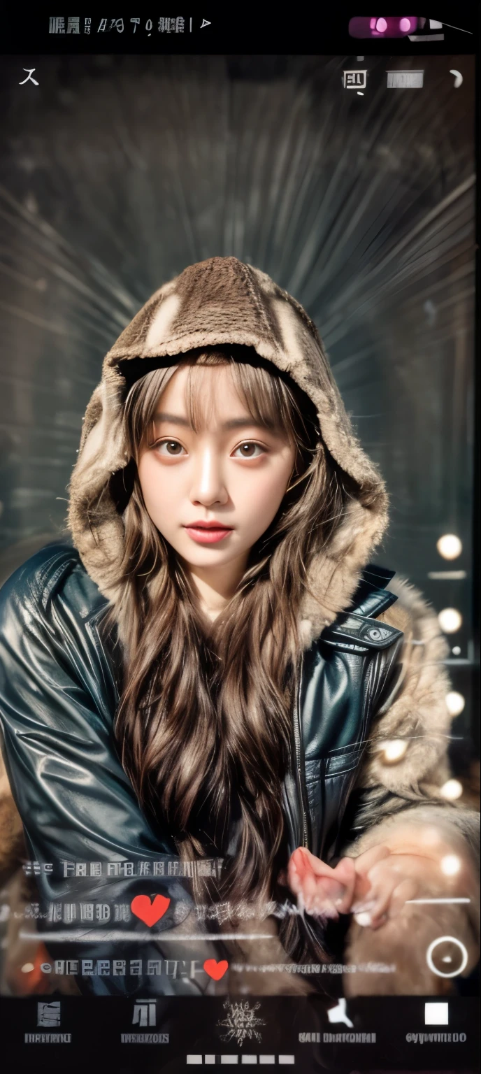 masterpiece、8K、32K、top-quality、(A detailed eye)、(A cute Japanese woman、bangss)、23years old、elegent、Christmas、Wearing a hood、Down jacket、Cheerful、heart
