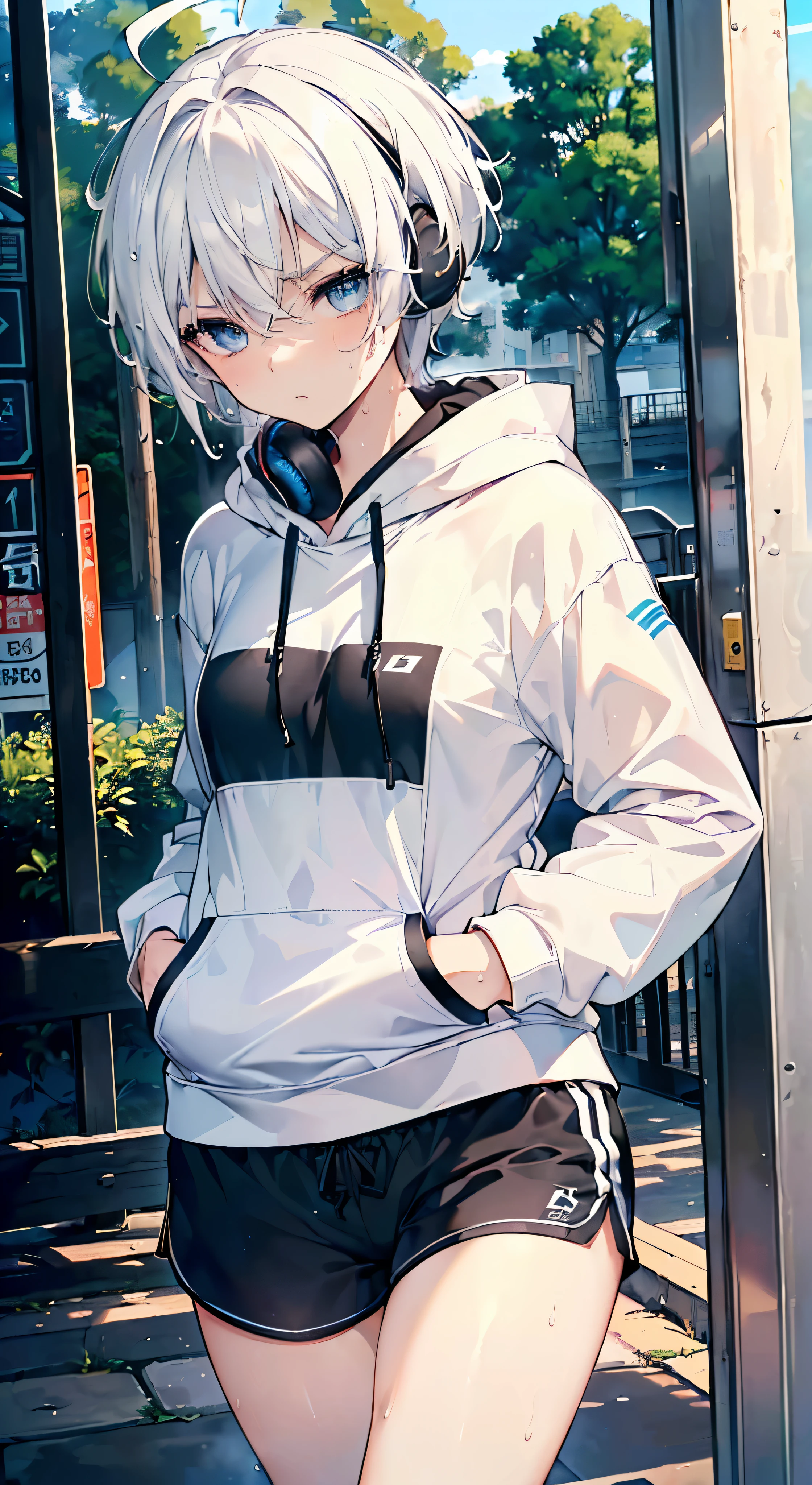 top-quality、masterpiece、((Black muffler))、(Running、skinny thigh、Skinny Legs、pWearing sweatをかいている:1.Wearing sweat、breathlessness:1.2、Running Wear、Black hoodie、Jersey、short rack super rack headphones:1.Please listen with headphones:1.3))、White breath、8K、, 24 years old、((boyish:1.3、very short-haired:1.2、White hair、eye brows up、Crisp look、glares、Kamimei、Blue eyes、close angle、Close to the subject、Early morning park、