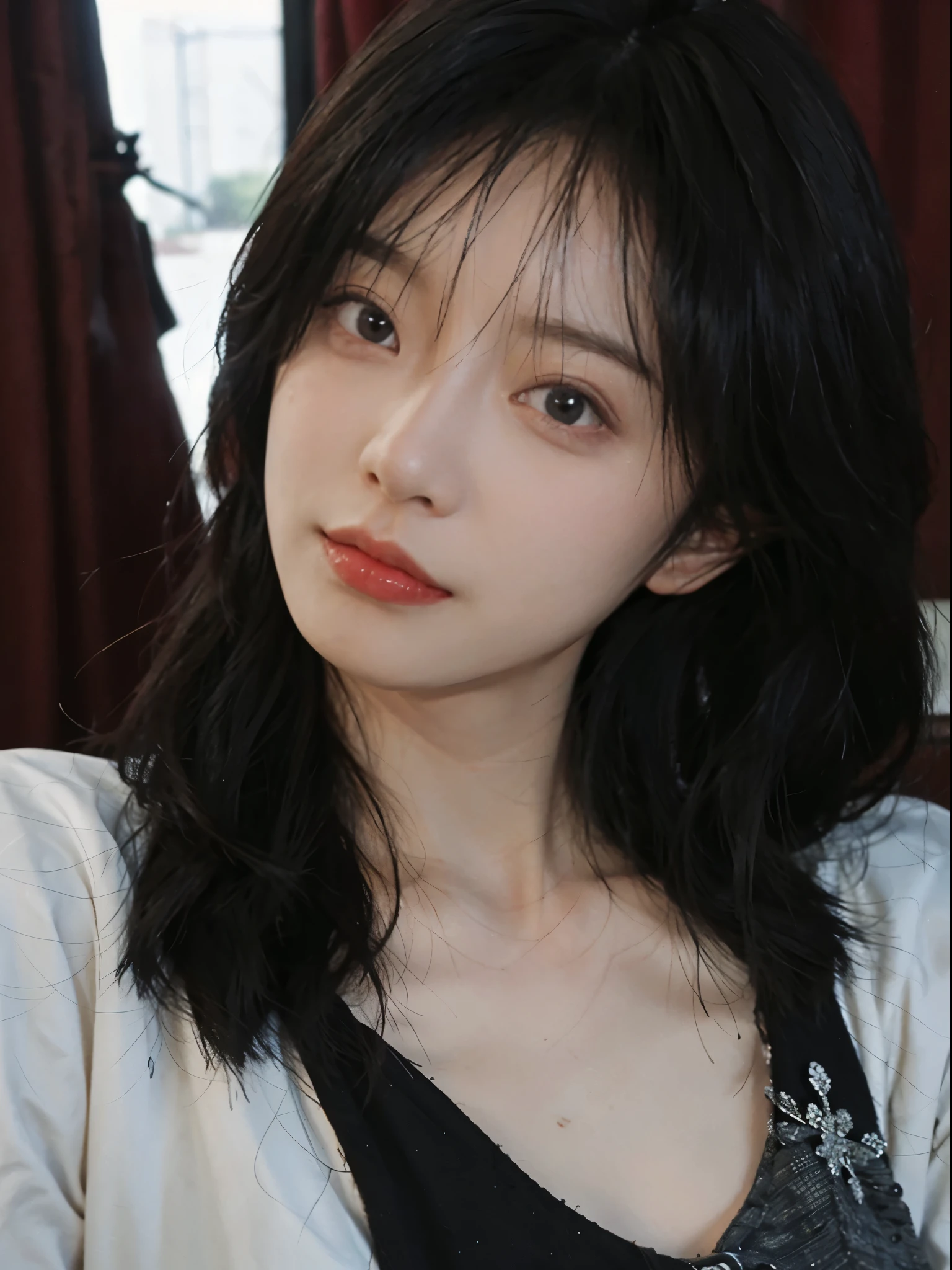best qualtiy, 超高分辨率, (realisticlying:1.4), Girl, A pair of eyes as clear as snow,Royal sister,Black long straight,校服, looking at viewert, close up ,
