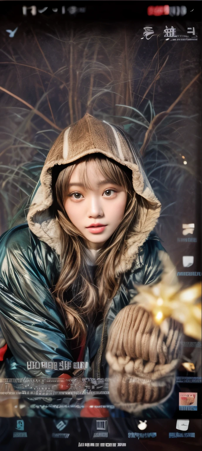 masterpiece、8K、32K、top-quality、(A detailed eye)、(A cute Japanese woman、bangss)、23years old、elegent、Christmas、Wearing a hood、Down jacket、Cheerful、heart