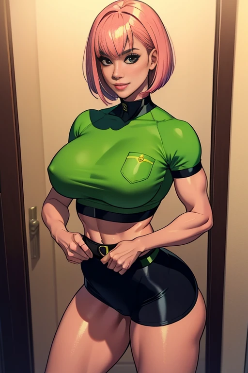 pink hair, (short bangs hair:1.36). Alafe Street Fighter、Metallic Lime Green and Metallic Black Martial Arts Uniform、Big breasts about to burst、Shirt with metallic white breast pocketreasts pocket、neck tie、thin and long legs,、Pose ready to fight、Fitness Model、musculature、abdominals、Height 175cm、skin tanned、glistning skin、Cool smile、full-body view、