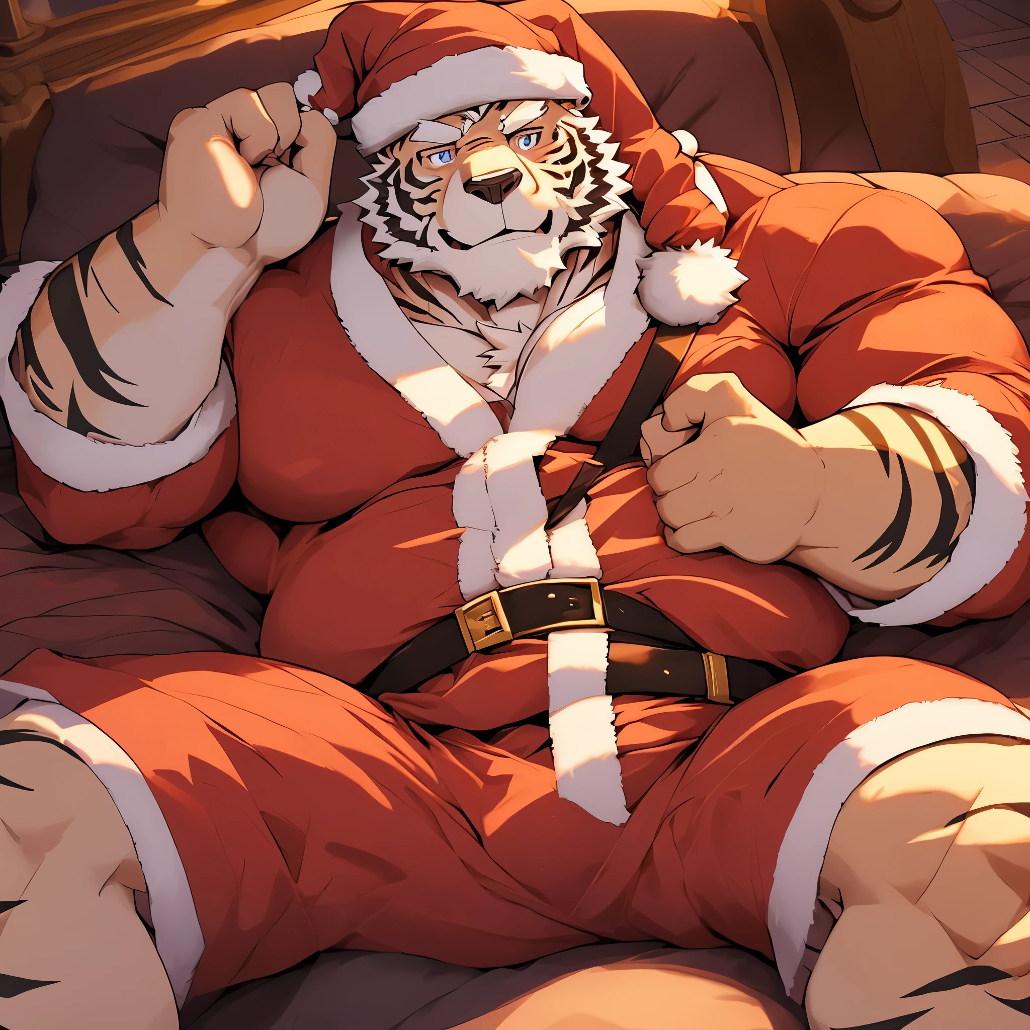 anthro ((tiger)), furry, tiger, golden fur, (white hair:1.5), beard, male, white eyebrows, violet eyes, masterpiece, (no stripes on face:1.5), ((Best quality)), character focus solo, handsome, middle-aged, mature, muscle body, sexy, dilf, full body, (((kosutora))), ((half naked body)), ((muscle)), ((chubby)), ((erection upward)), ((sperms on body)), ((( intercourse with furry green bear)), ((santa clause costume)), ((unbutton clothes))