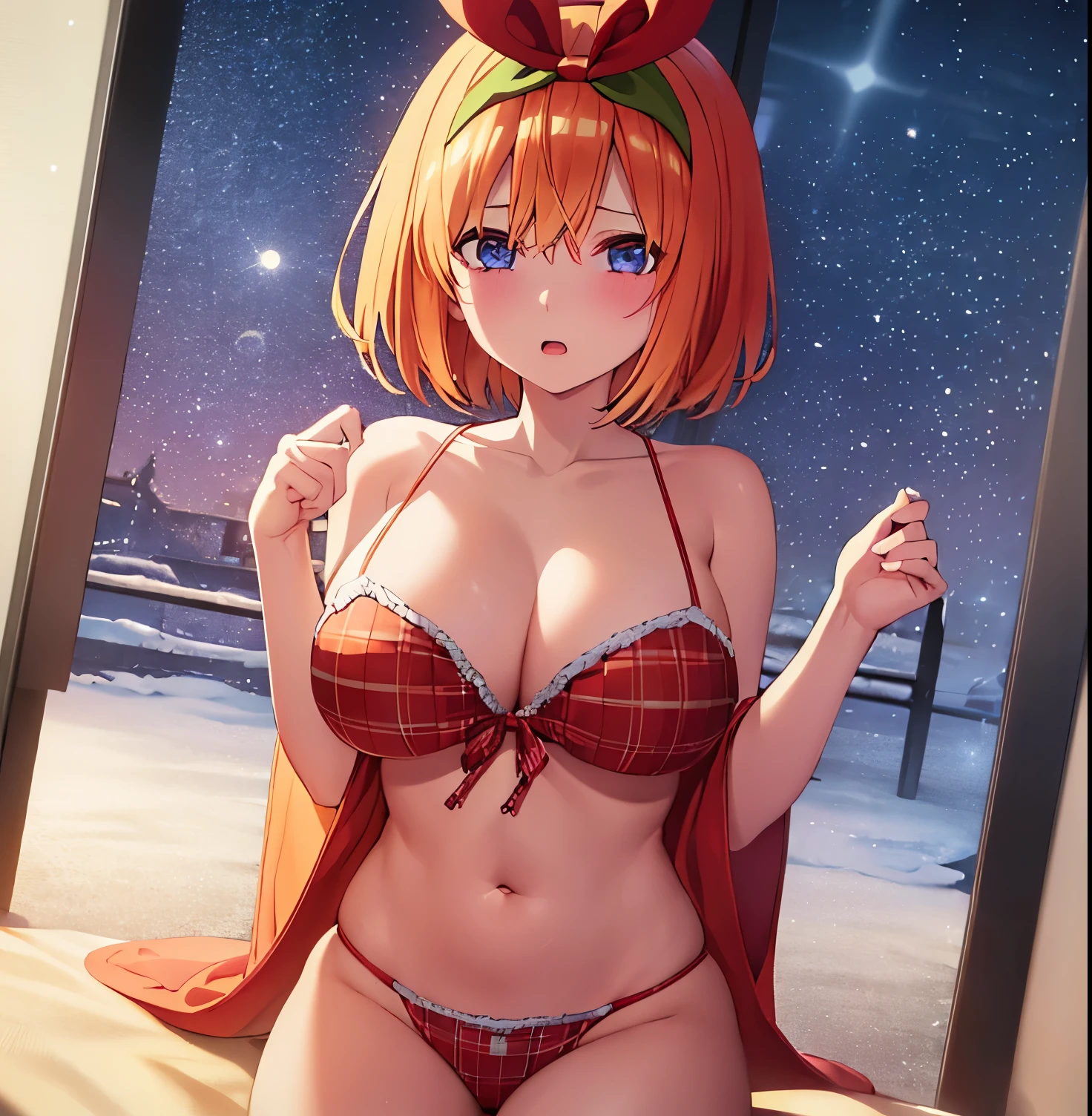 1girl, alone, yotsuba nakano, bangs, blue eyes, hair between the eyes, Ahoge, short hair, orange hair, red bow on the head, red bow, red Santa Claus suit with white details, cleavage, white socks, in the exterior, street decorated with Christmas lights, standing, REST looking at viewer, (Cowboy shot), BREAK, (Masterpiece), Best Quality, High Resolution, 8K Unity Wallpaper, (illustration), (beautiful eyes and detailed extremely detailed face, perfect lighting, extremely detailed CG, (Perfect Hands, Perfect Anatomy), large breasts, medium waist, wide hips, wide thighs,