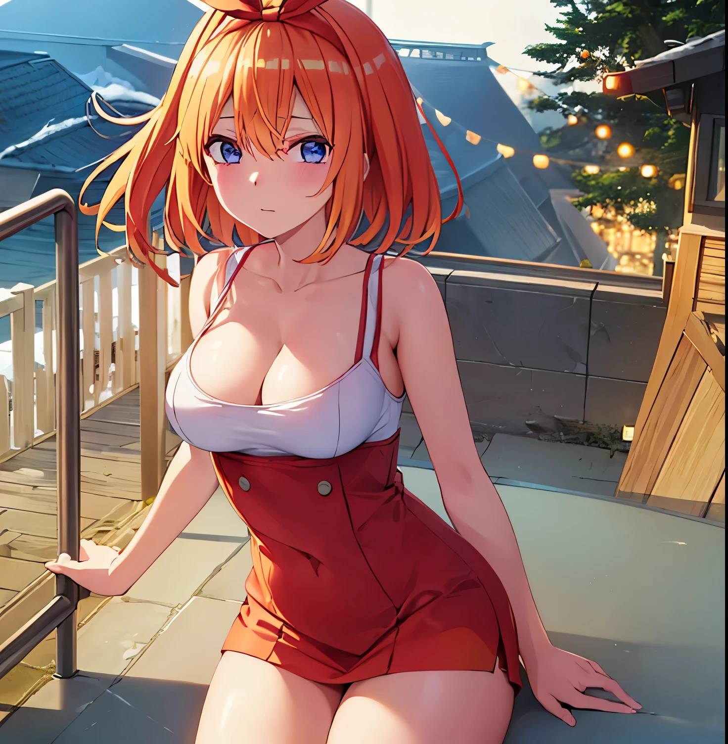 1girl, alone, yotsuba nakano, bangs, blue eyes, hair between the eyes, Ahoge, short hair, orange hair, red bow on the head, red bow, red Santa Claus suit with white details, cleavage, white socks, in the exterior, street decorated with Christmas lights, standing, REST looking at viewer, (Cowboy shot), BREAK, (Masterpiece), Best Quality, High Resolution, 8K Unity Wallpaper, (illustration), (beautiful eyes and detailed extremely detailed face, perfect lighting, extremely detailed CG, (Perfect Hands, Perfect Anatomy), large breasts, medium waist, wide hips, wide thighs,