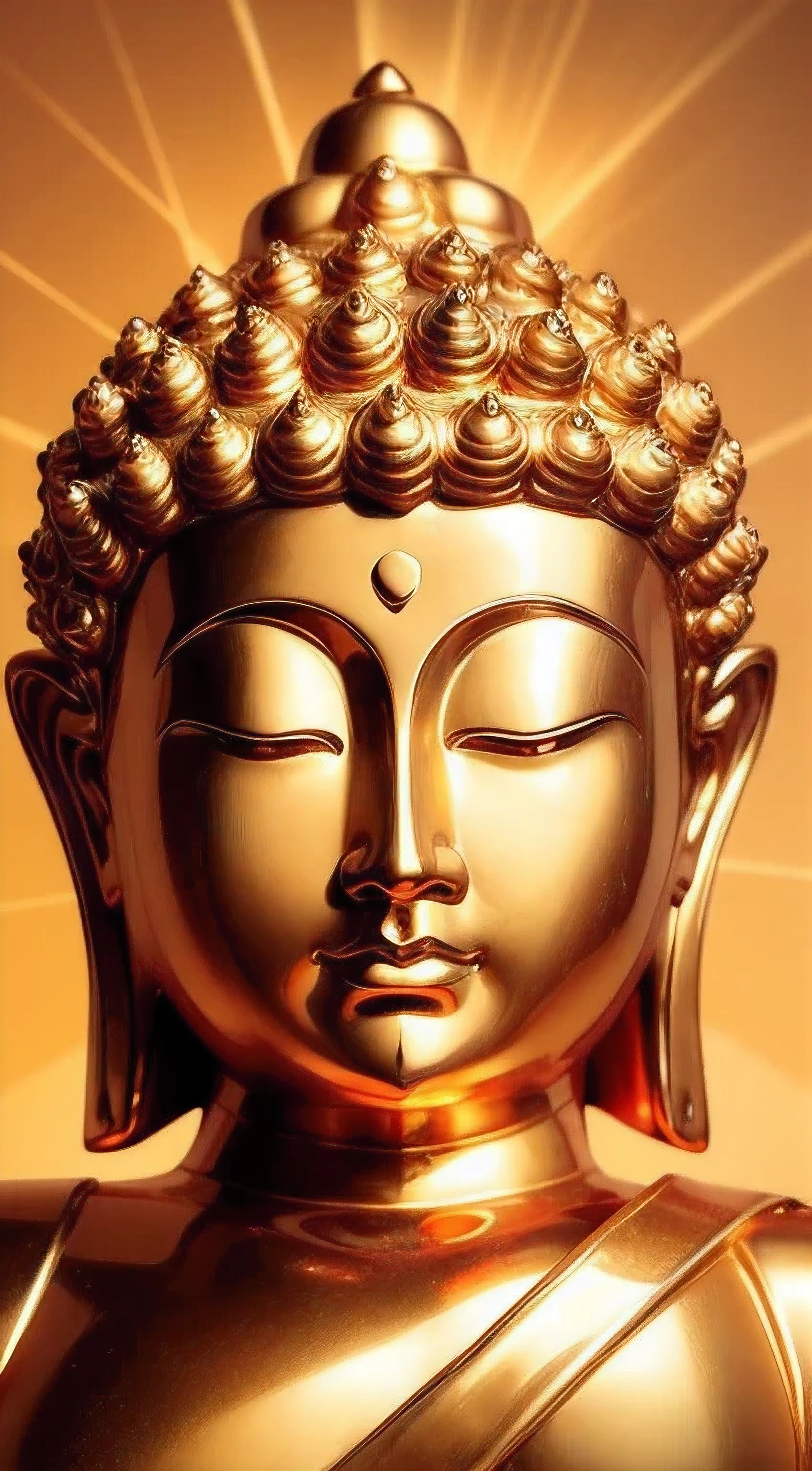 Golden Buddha statue with a shining halo, buddhism, the buddha, buddhism徒, Buddha, samsara, Enlightenment, beautiful gold saint, Spiritual enlightenment, Pushkaraka, Enlightenment, buddhism美術, Shining golden aura, Enlightenment. Convoluted, on path to enlightenment, on path to enlightenment, radiating golden light, Face forward, Upper body, Wear a robe, close up of face, head shot, Front view, Eyes wide open, I open my eyes,Front viewing, Open eyes