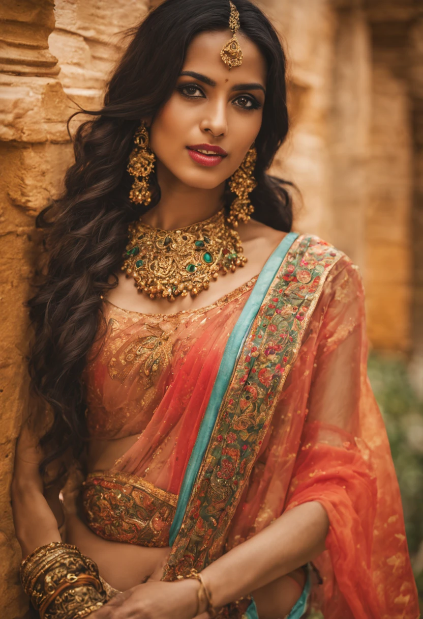 a woman in a sari posing for a picture, indian goddess, traditional beauty, indian, beautiful goddess, ornate , indian style, indian super model, beautiful maiden, gorgeous woman, south east asian with long, provocative indian, gorgeous beautiful woman, intricate outfit, hindu aesthetic, beautiful asian girl, extremely detailed goddess shot, jaw-dropping beauty, big boobs deep cleavage sexy navel