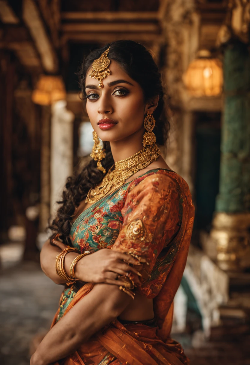 a woman in a sari posing for a picture, indian goddess, traditional beauty, indian, beautiful goddess, ornate , indian style, indian super model, beautiful maiden, gorgeous woman, south east asian with long, provocative indian, gorgeous beautiful woman, intricate outfit, hindu aesthetic, beautiful asian girl, extremely detailed goddess shot, jaw-dropping beauty, big boobs deep cleavage sexy navel
