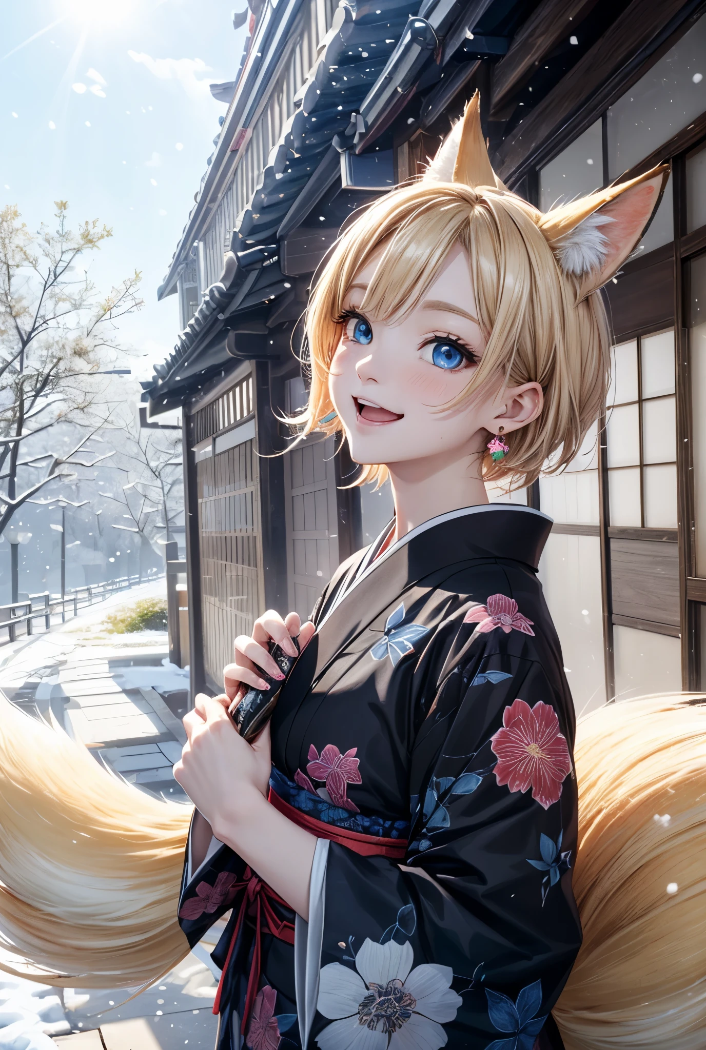 Melody Mark,of the highest quality, Best Masterpiece, ultra-detailliert,fox village, (1 fox girl),(Jet black and floral patterned Japanese clothes:1.4),(Deep Blue Eyes:1.4),(It's snowing:1.1), (look up sky:1.3), (fox is playing), (cheerful and happy face: 1.3), red blush, (blonde short low tail: 1.4), Shiny hair,(Small earrings, Small necklace,Sunlight,light reflections ,Kemomimi,Have a tin cane,the Nine-Tailed Fox