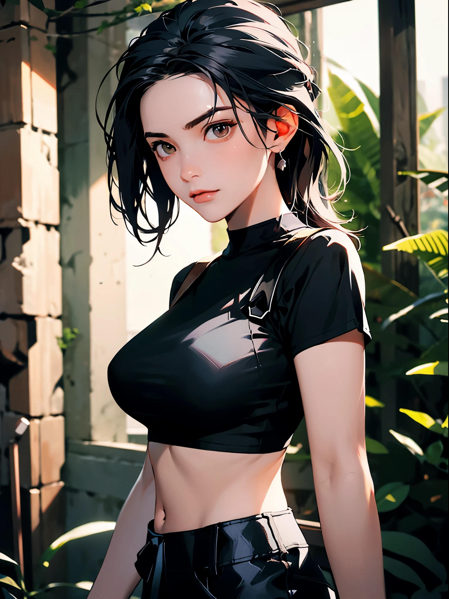 (random result), (RAW style, masterpiece, best quality, hyperrealistic, highres, unreal engine,) Arabian girl as lara croft, medium breast black basic tee-shirt, waist length tee-shirt, tight jeans, jogger's, black hair's, Arabian beauty