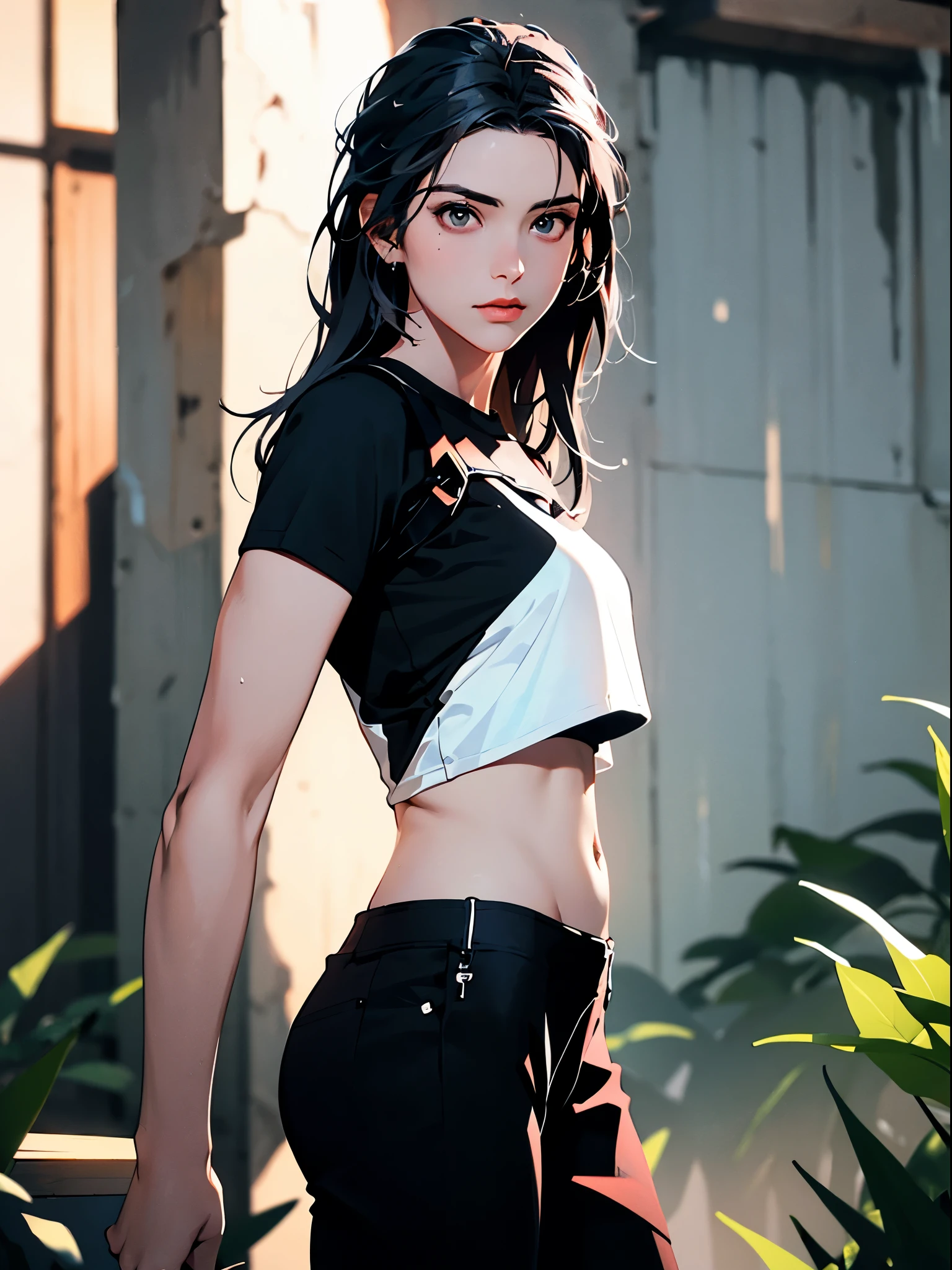 (random result), (RAW style, masterpiece, best quality, hyperrealistic, highres, unreal engine,) Arabian girl as lara croft, medium breast black basic tee-shirt, waist length tee-shirt, tight jeans, jogger's, black hair's, Arabian beauty