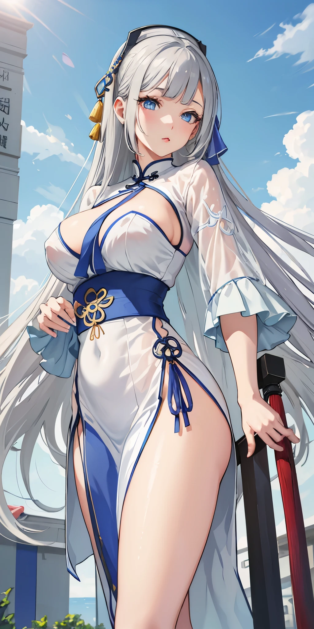 Masterpiece,realistic, 1girl,(MyleneHFV4),grey hair, blue eyes,see through, ((Chinese traditional suit )),white stocking,nipple,(shot from below)