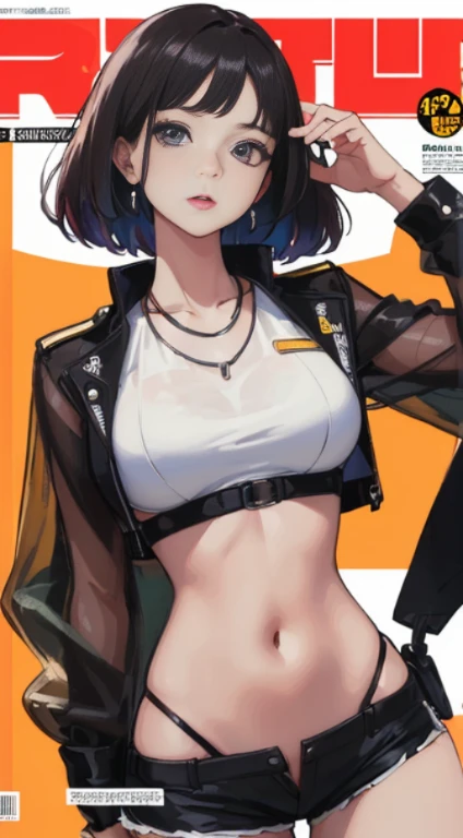 ((((best quality))), (((ultra detailed))), (((masterpiece))), illustration,(Magazine cover-style illustration of a fashionable woman in a vibrant outfit), posing in front of a colorful and dynamic background. She has a confident expression and is holding a statement accessory, The text on the cover should be bold and attention-grabbing, with the title of the magazine and a catchy headline. The overall style should be modern and trendy, with a focus on fashion and lifestyle),
wall ,crowds,fashion,Lipstick,ray tracing,depth of field, street,in public,day
1girl,solo,looking at viewer, glossy skin, contrapposto,  navel, midriff, necklace, female focus,model,medium breasts, ,street,in public,police hat, police uniform, handcuffs,short shorts, arms crossed,
cool, see-through, school uniform,jitome,
,underboob,floating hair, sexy ,fine fabric emphasis, dynamic pose, negative space:0.35, realistic:1.33,