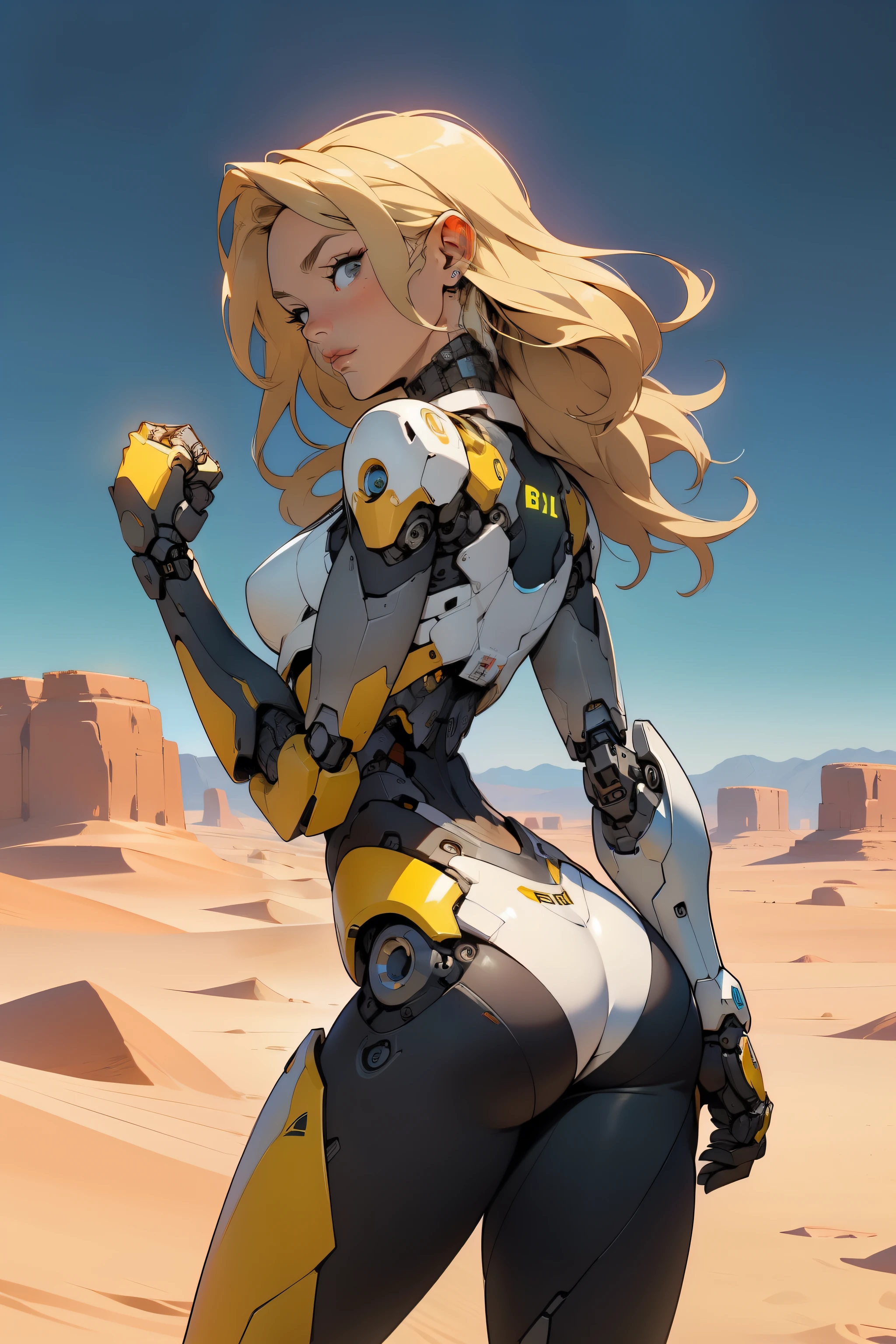 high quality, 4k, masterpiece, beautiful, cyborg girl, cowboy shot, dull eyes, back side, turning around to look at viewer, long blonde hair, girl, small breasts, fit thigh, robotic arms, robotic body, cyborg body, yellow accent, redaccent, intricate detail, joint, detailed lines, robotic detail, holding fist up, holding hand up as fist, color robotic parts, robotic parts with color, perfect fingers, on a desert planet, sunny background, colorful desert,