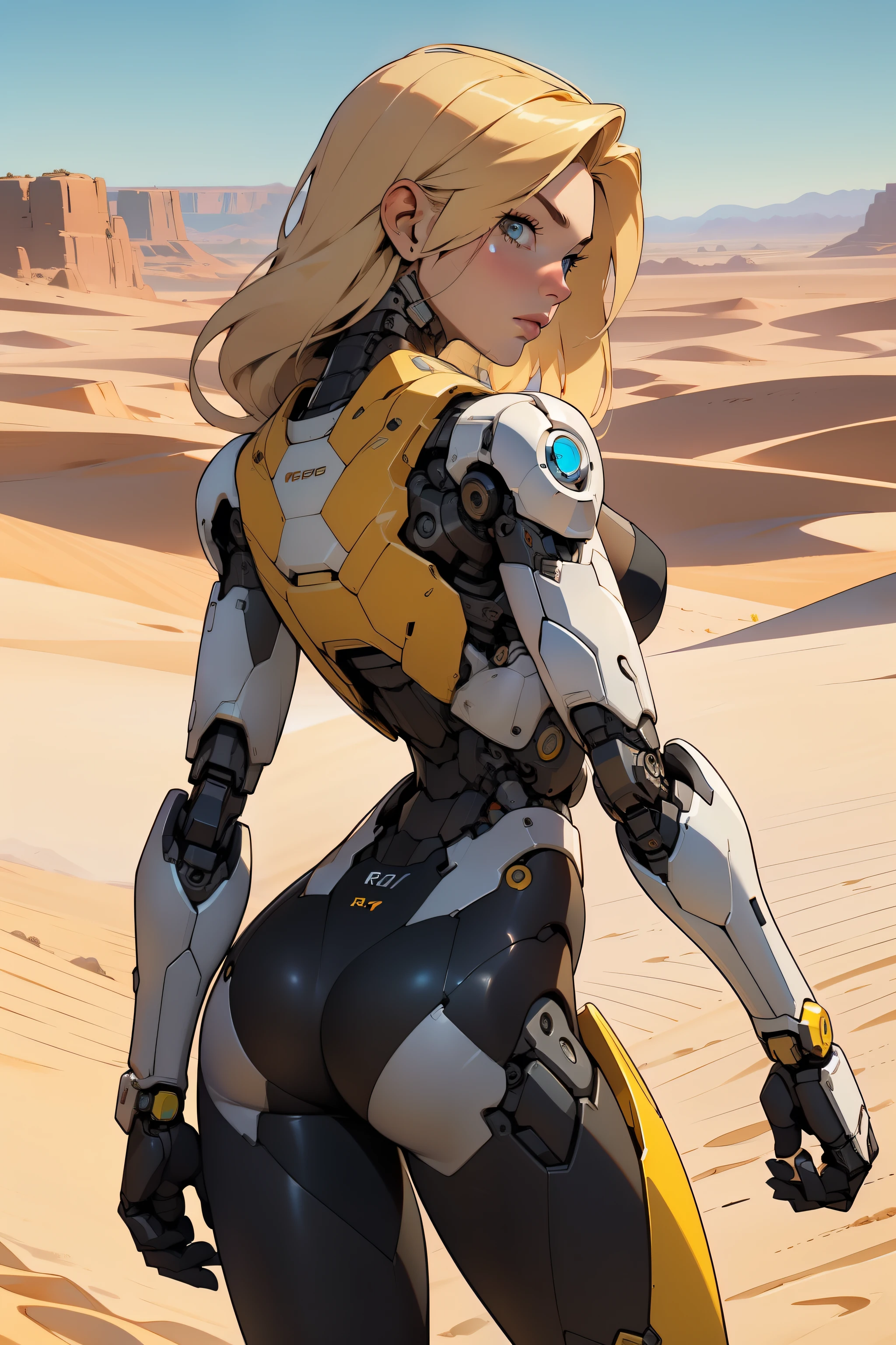 high quality, 4k, masterpiece, beautiful, cyborg girl, cowboy shot, dull eyes, back side, turning around to look at viewer, long blonde hair, girl, small breasts, fit thigh, robotic arms, robotic body, cyborg body, yellow accent, redaccent, intricate detail, joint, detailed lines, robotic detail, holding fist up, holding hand up as fist, color robotic parts, robotic parts with color, perfect fingers, on a desert planet, sunny background, colorful desert,