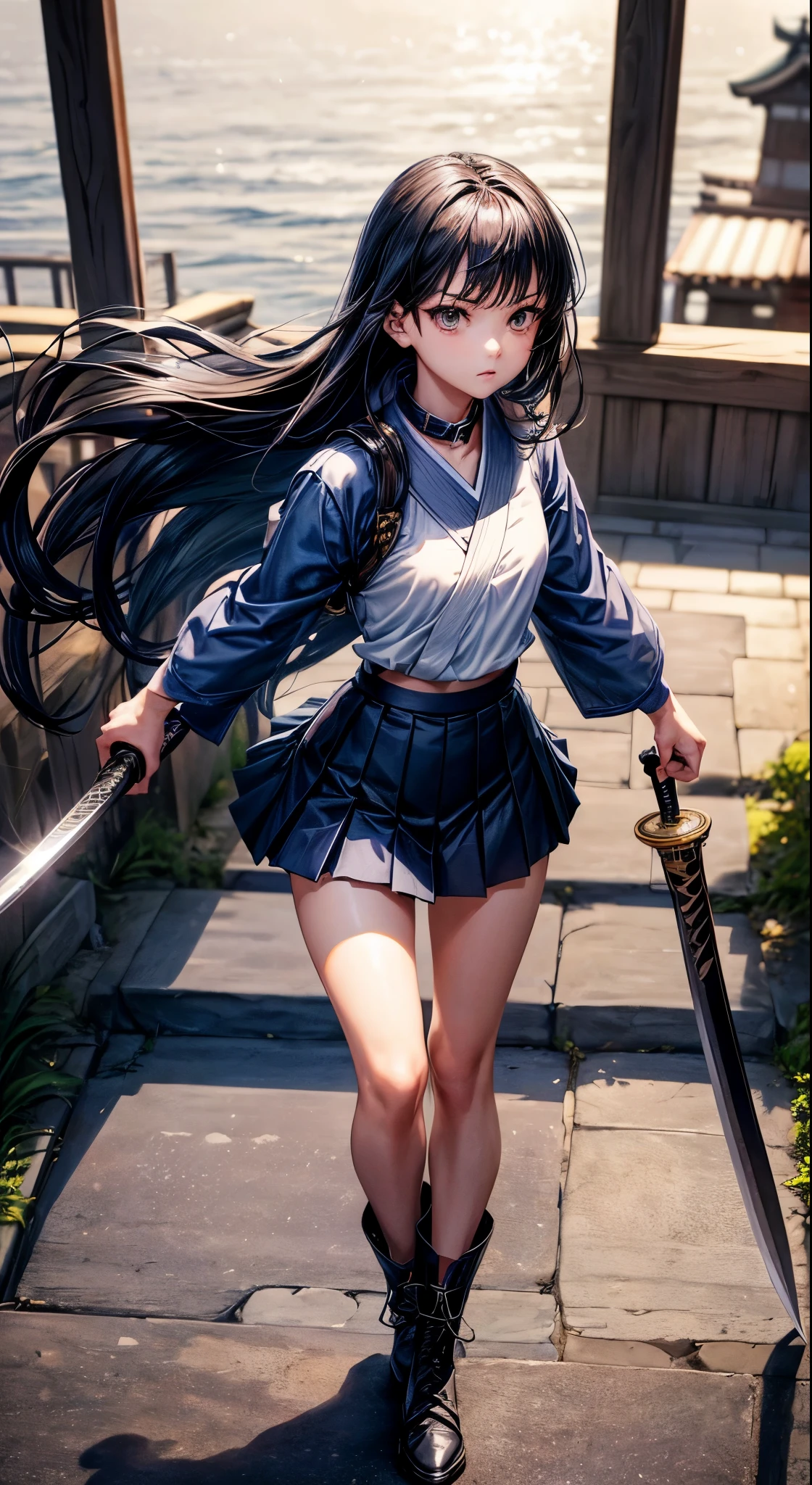 (Official art、Best Quality、Unity 8k Wallpapers、32K、 masterpiece、ultra-detailliert、High resolution,Perfect Anatomy),(natural soft light:1.2),Detailed beautiful face and eyes,cowboy shot,(focus 1woman,solo),25-years old、Adult beauties、japanes,swordsmen、 (black hair,long hair,blunt bangs,black eyes),serious facial expression,((smaller head:1.6,ideal ratio body proportions:1.5,skinny:1.2,tiny breasts)),(navy blue collar:1.3,Navy pleated mini skirt:1.3)、battle posture、dynamicposes、Holding a Japanese sword in hand:1.3,Fight with Japan swords、A sword precisely drawn with an accurate shape:1.2、Combat boots、steam punk:1.2,