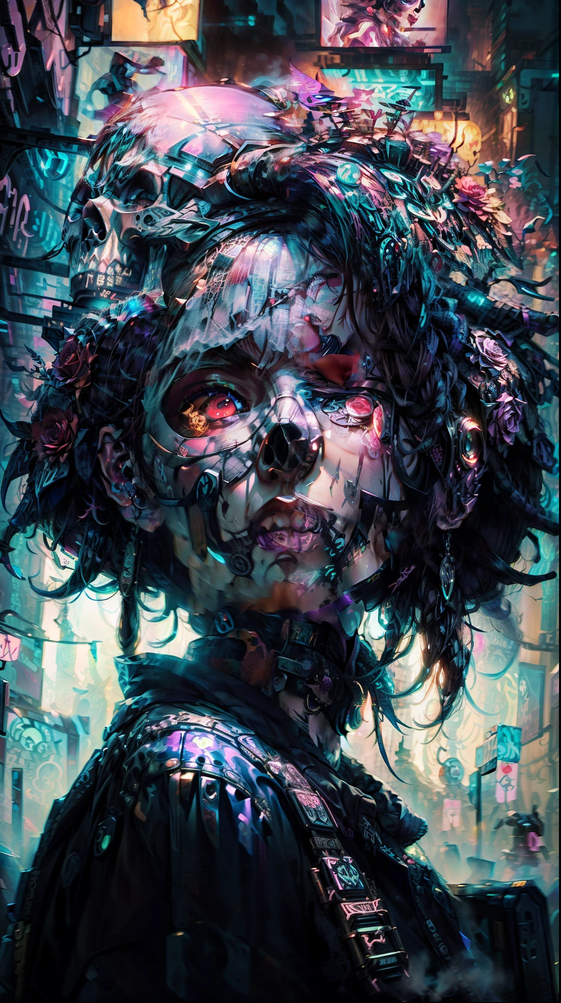 a close up of a person with a skull headdress on, cyberpunk art style, cyberpunk horror style, cyberpunk anime art, digital cyberpunk anime art, anime cyberpunk art, digital cyberpunk - anime art, cyberpunk themed art, cyberpunk art, cyberpunk artstyle, cyberpunk skeleton mask, modern cyberpunk anime, detailed cyberpunk illustration, has cyberpunk style, gothic - cyberpunk, cyberpunk cyborg. roses