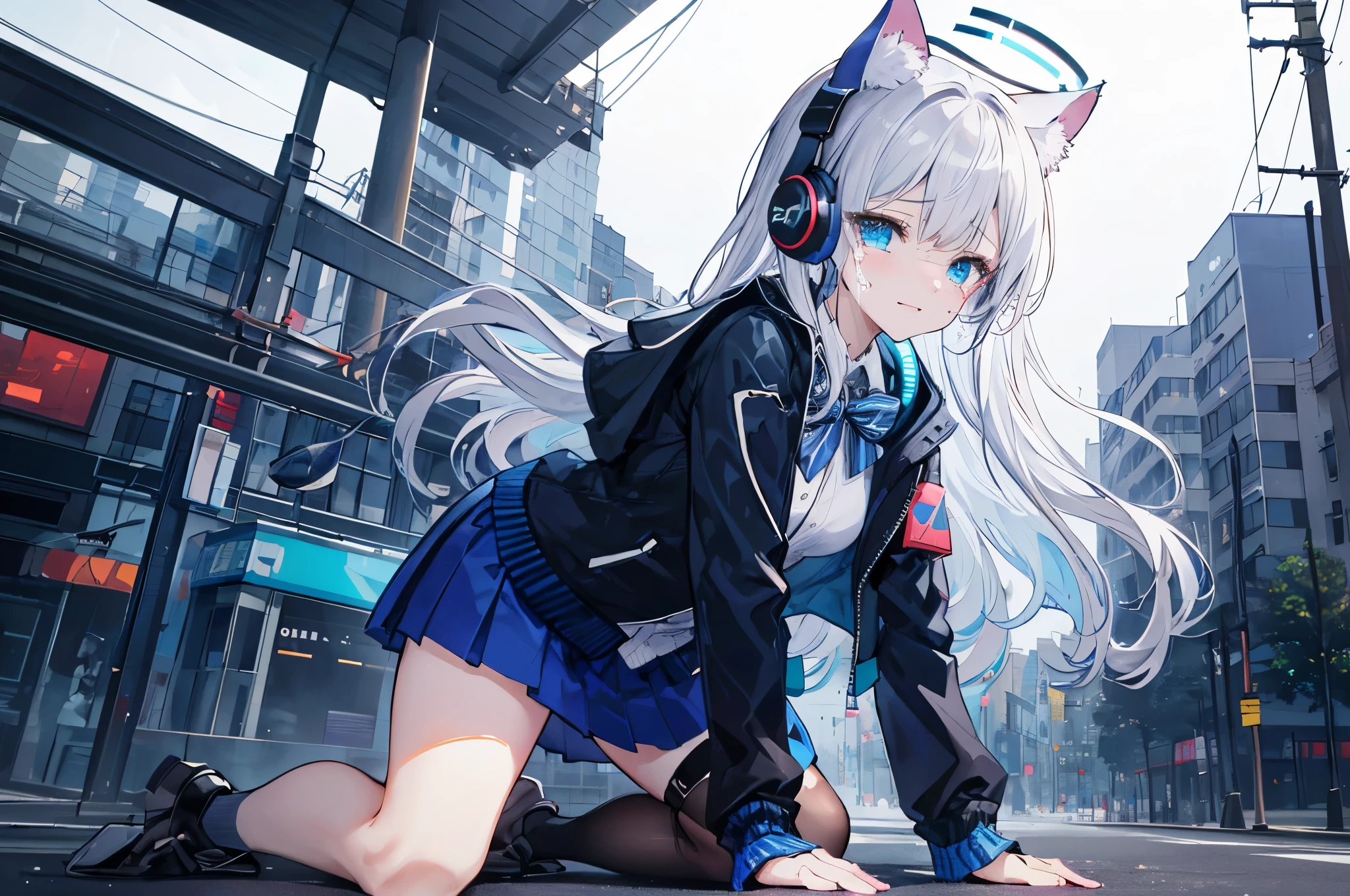 ((Best quality at best)), ((tmasterpiece)), (detailed), Perfect face very detailed,tmasterpiece,Best quality at best,offcial art,extremely detaild的 CG unified 8k wallpapers, Full body like, the only person, female student, Trendy style, Long silver-gray hair, Long hair shoulder length, Futuristic blue halo around head, ((sat on the ground)), facing at the camera, (meter :1.1), futuristic outfit, meterechanical, ((Dark blue skirt with bright blue lace)), ((Black jacket with blue stripes)), JK skirt, Wearing cat ear headphones on the head, ssmile, The background is the city street, ((right eye tears