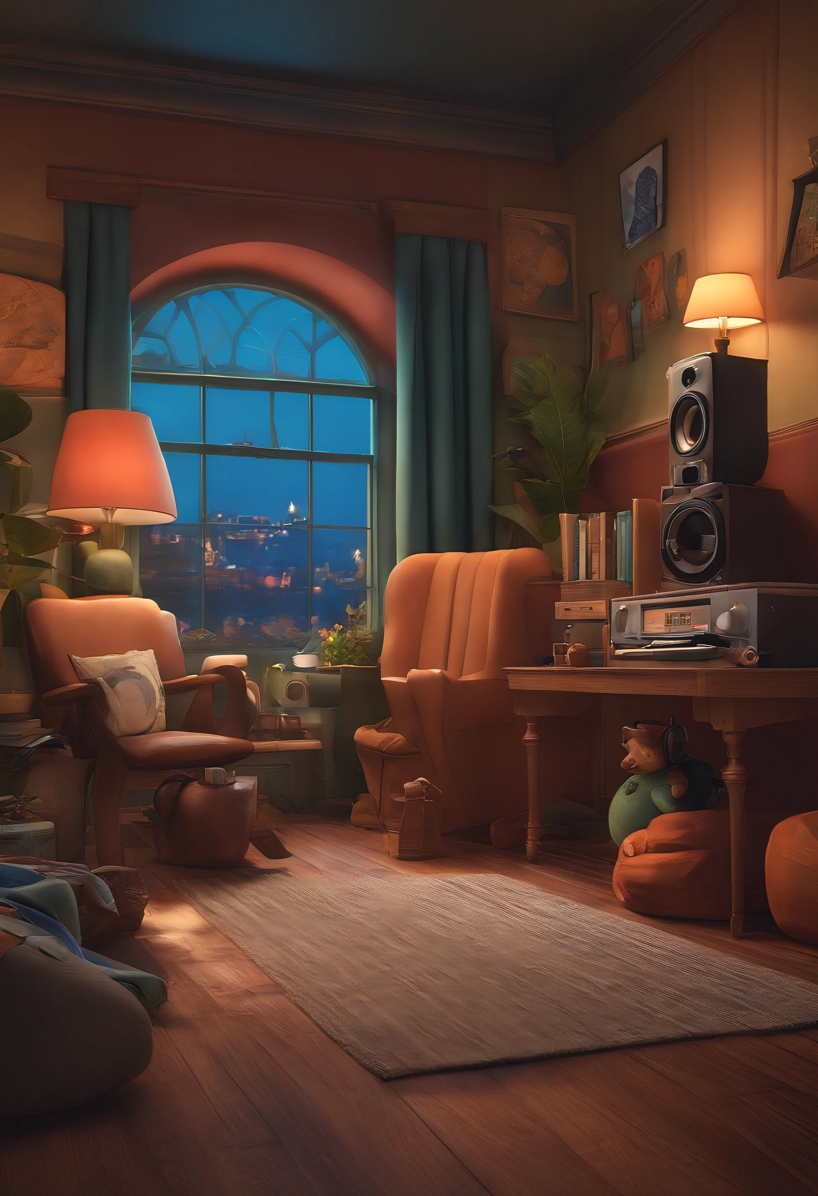 of a guy, soon, Long beard, Brown eyes, with headphone, Music studio in the background, Pixar-style images, 3D animated movie style, Disney, black shirt
