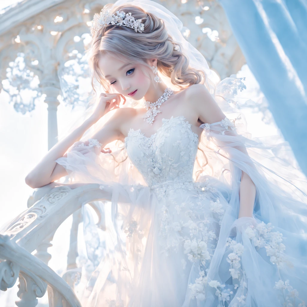 lilygirl,(((Full body)))，ribbon and bouquet，long-one-piece dress,gazebo background.((masutepiece)), (((Best Quality)))), ((Super Detail)), ((Illustration)), finedetail, Super delicate CG unified 8k, hight resolution, {beautiful details eyeinedetail, Beautiful detail eyes, Anin illustration, masutepiece, Best Quality, Beautiful face, Shining eyes, Front light, Look at the viewer, 1girll, Smile, cheerfulness, Blissful, Beautifully decorated accessory necklace, front view radiant, Pink, Light blue)), Wearing white off-the-shoulder wedding dress，Delicate lace and pearls decorate the shape of the flower, stand on the stairs of chies, Light up in white, Radiant skin, posed for photo, Light and wings falling from the sky , Light shades, The bride has a long veil, Sparkling tiara, Double-sided bread, Pink Long Hair, chies,White stockings