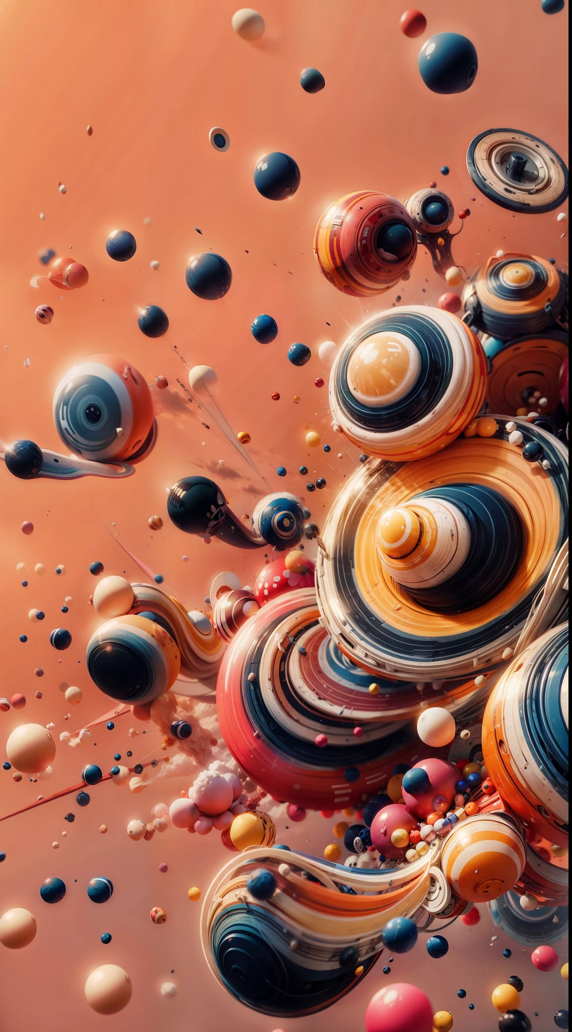 a close up of a bunch of colorful balls flying through the air, floating spheres and shapes, abstract 3 d artwork, beeple. hyperrealism, realism | beeple, mind-bending digital art, beeple colors, cinema 4 d art, floating planets, many floating spheres, 3d digital art 4k, beeple!!
