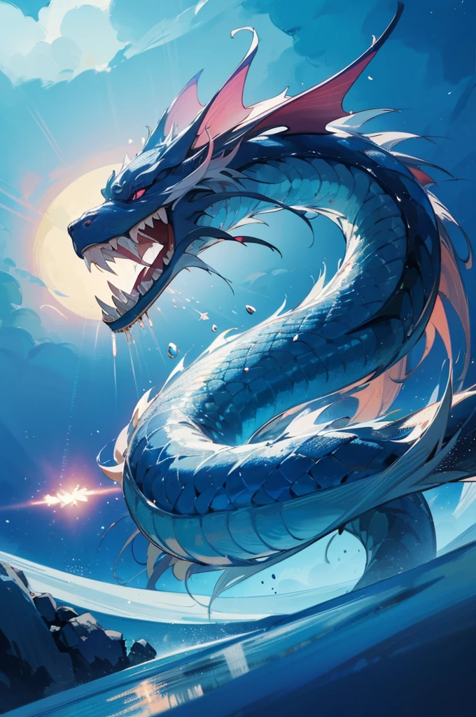 Chinese dragon best quality,tmasterpiece,超高分辨率,(long:1.2),Bania,with her mouth open,sky sky,square shapes,东square shapes龙队,多云的sky sky,teeth,flight,Blue and pink, high key, 明亮的the watercolor style, Short focus, Rich details, The faucet is in the middle of the picture,The main body of the faucet facing the camera in the middle distance is made of blue laser material...,the watercolor style,腾云驾雾,A lot of clouds
