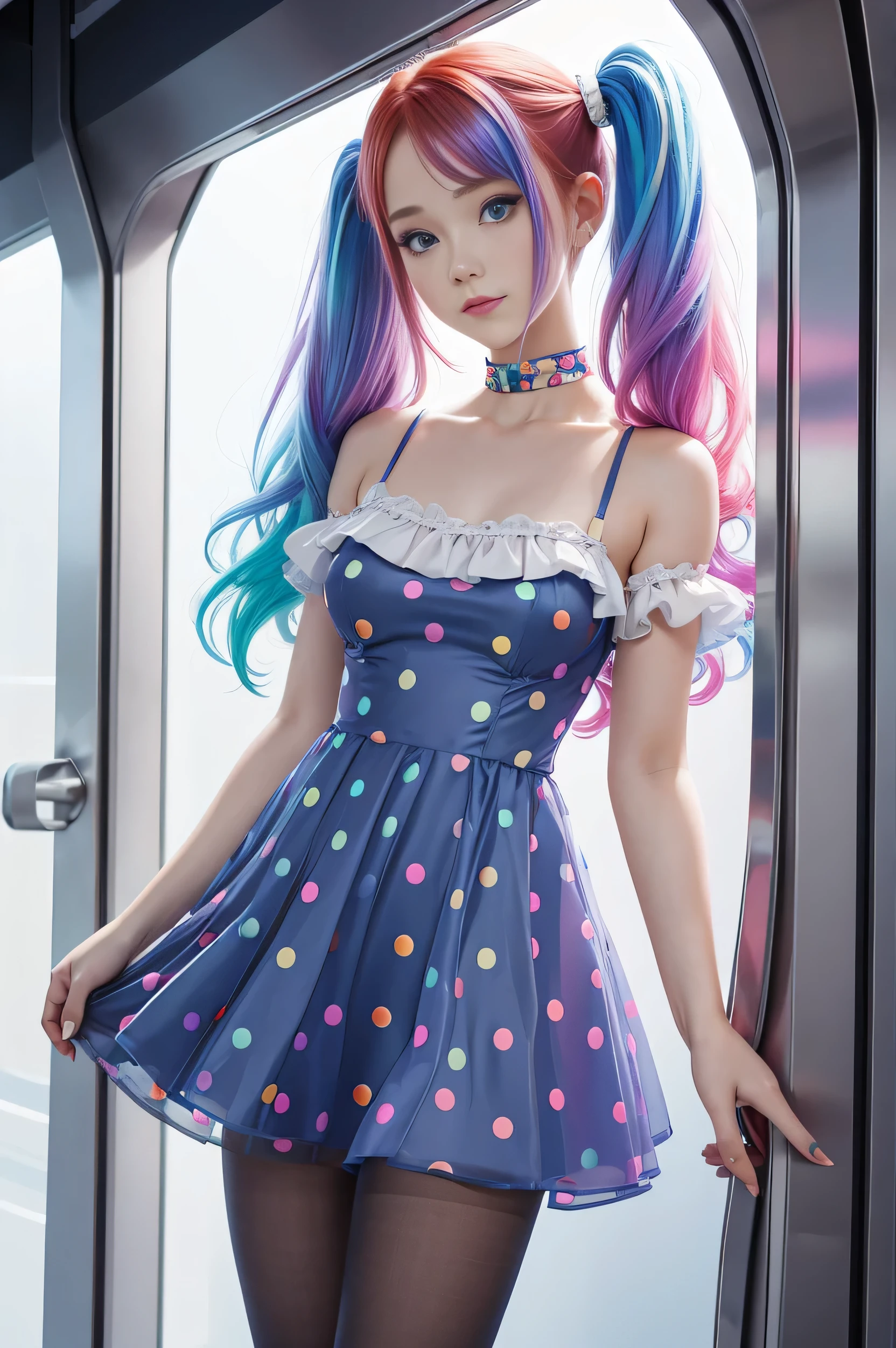 Cute redhead with rainbow colored hair tips, ribbons in her hair, 18-year-old woman, happy, in twin tails, perfect symmetrical eyes, clear sparkling blue eyes, pale skin, silky smooth skin, standing on a fancy metal luxurious space ship, futuristic corridor, dark warm lighting, wearing a futuristic party dress, pleated (chemise) mini dress (pastel rainbow colors, and polka dots), wearing full body pantyhose, cute short cut booties.