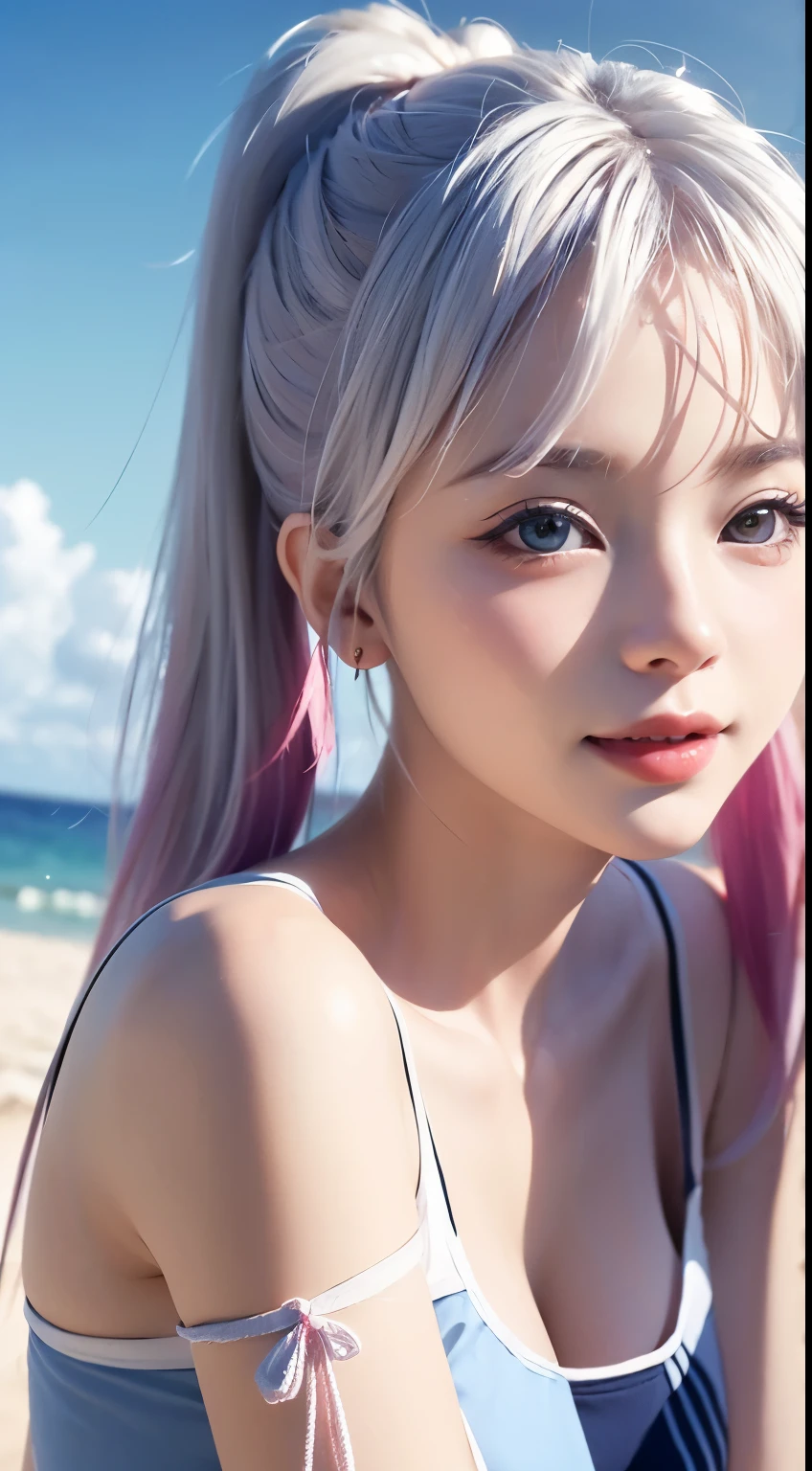 Best quality at best at best,tmasterpiece,Extremely Delicately Beautiful,The content is very detailed,CG,gatherings,8k wallpaper,An Astonishing,depth of fields,1 Chinese girl,very beautiful look,delicate skin,Flawless Face,plain face,white color hair,长长的white color hair,high ponytails,There are two strands of white hair on both sides of the ears,Wear pink hair accessories,Eye color is sky blue,Elaborate Eyes,sparkle in eyes,laughing very happily, Put on a sailor suit、medium tits、There is one by the sea、(On the sandy beach)、 电影灯光, realistically, tmasterpiece, Best quality at best, Complex CG, The face is very detailed, high detal,Photos of the upper body