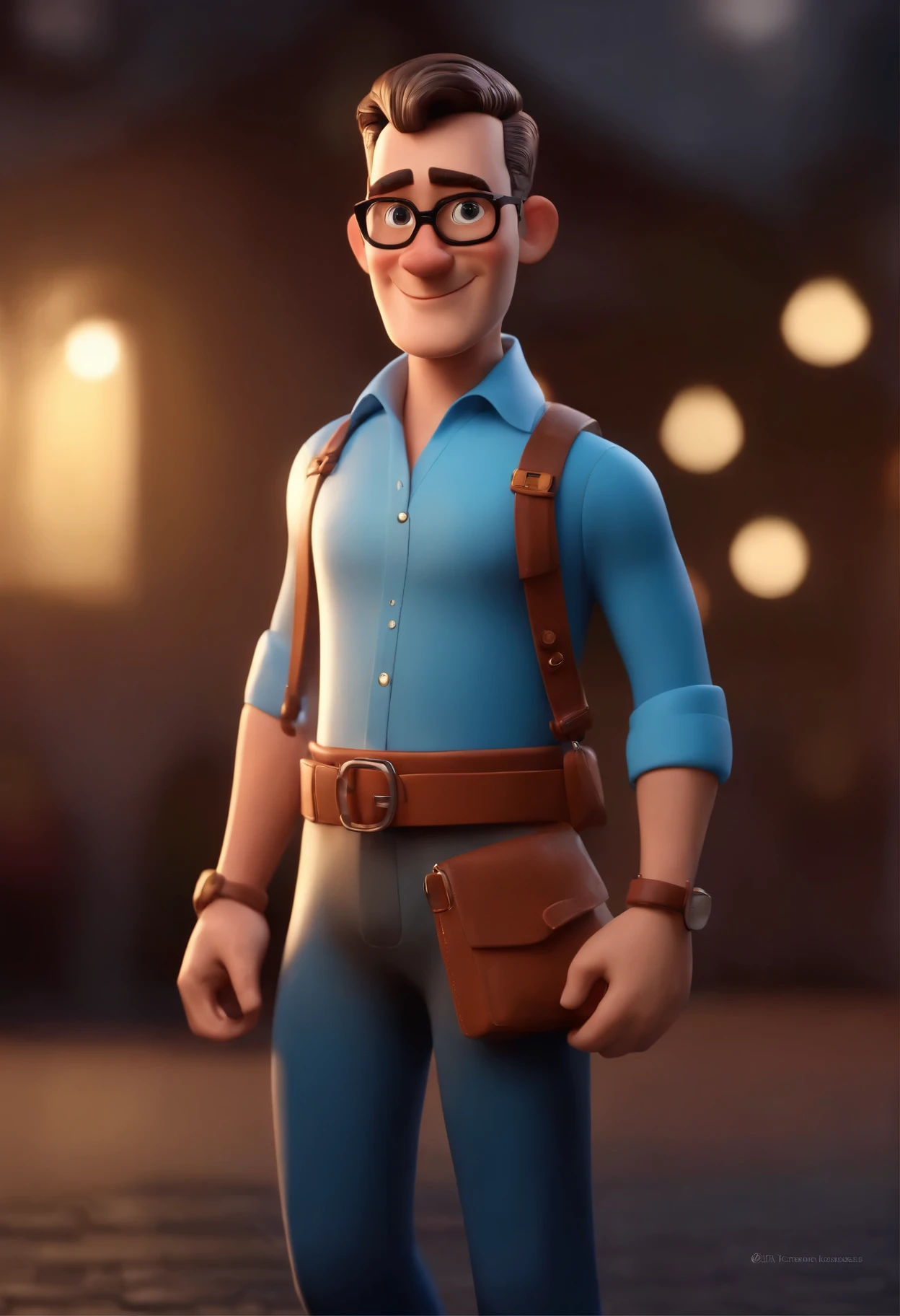 Cartoon character of a man with black glasses and a blue shirt, olhos verdes,  animation character, Caractere estilizado, animation style rendering, 3D estilizado, Arnold Maya render, 3 d render stylized, toon render keyshot, Personagem 3D, Personagem 3D, 3d rendering stylized, 3 d character render, personagem de desenho animado, Personagem de close up, Pose de personagem,  (Estilo Pixar) (master part:1.2) (Bokeh) (best quality) (pele detalhada) (textura detalhada) (8k) (argila) (Cinematic lighting) (foco nítido