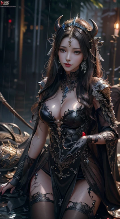 a woman in a devil dress, realistic Art Station, hard raining scene, Detailed Fantasy Art, Stunning Character Art, beautiful Exquisite Character Art, Beautiful devil Armor, Extremely Detailed, devil armor Girl, Exquisite Intricate Headdress and Jewelry, whole body capture,