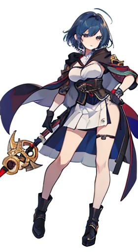 (((Best Quality))) , ((full body)), female, reference sheet, solo, (white background), holding staff, gloves, loin cloth , cloak, priest, hakama skirt, corset,