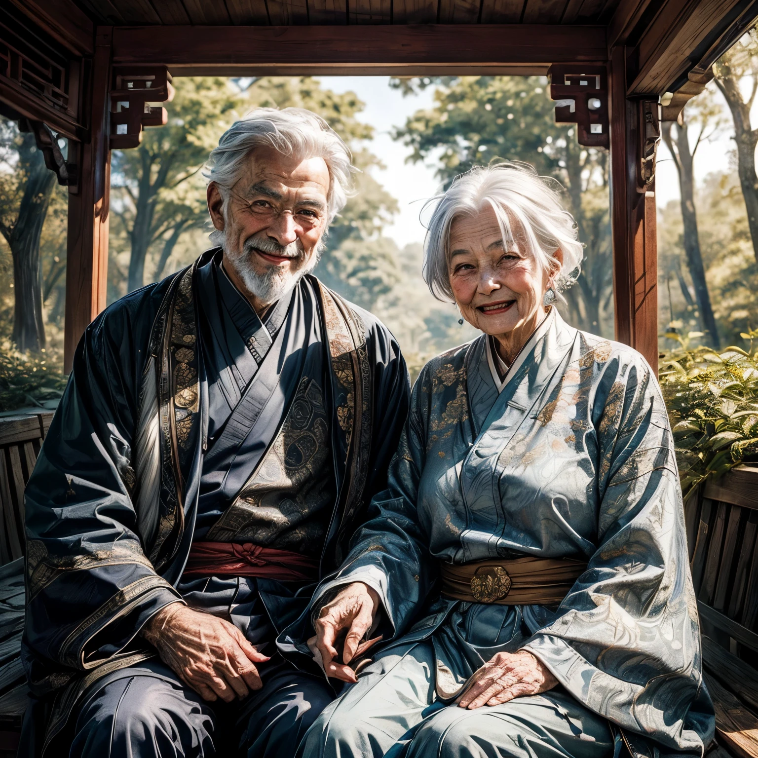 ((tmasterpiece)),((Best quality at best)),8k ultra high definition,perfect pubic,wondrous,(chineseidol:1.2),Goatee,
A lovely old man and a lovely old woman (with smiles on their faces) Sitting on the porch in the woods,looking at viewert,(White hair),(white facial hair),,perfect pubic双手,,