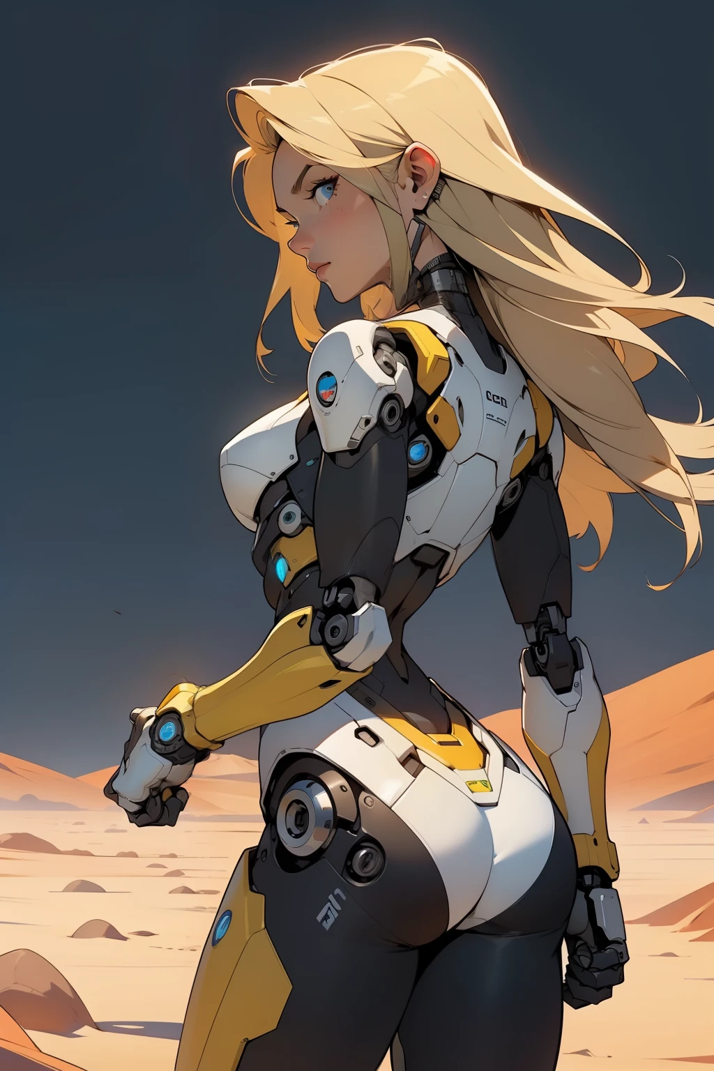 high quality, 4k, masterpiece, beautiful, cyborg girl, cowboy shot, dull eyes, back side, turning around to look at viewer, long blonde hair, girl, small breasts, fit thigh, robotic arms, robotic body, cyborg body, yellow accent, redaccent, intricate detail, joint, detailed lines, robotic detail, holding fist up, holding hand up as fist, color robotic parts, robotic parts with color, perfect fingers, on a desert planet, sunny background, colorful desert,