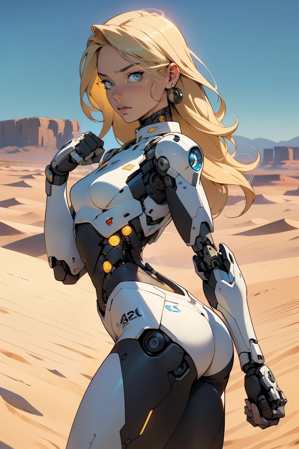 high quality, 4k, masterpiece, beautiful, cyborg girl, cowboy shot, dull eyes, back side, turning around to look at viewer, long blonde hair, girl, small breasts, fit thigh, robotic arms, robotic body, cyborg body, yellow accent, redaccent, intricate detail, joint, detailed lines, robotic detail, holding fist up, holding hand up as fist, color robotic parts, robotic parts with color, perfect fingers, on a desert planet, sunny background, colorful desert,