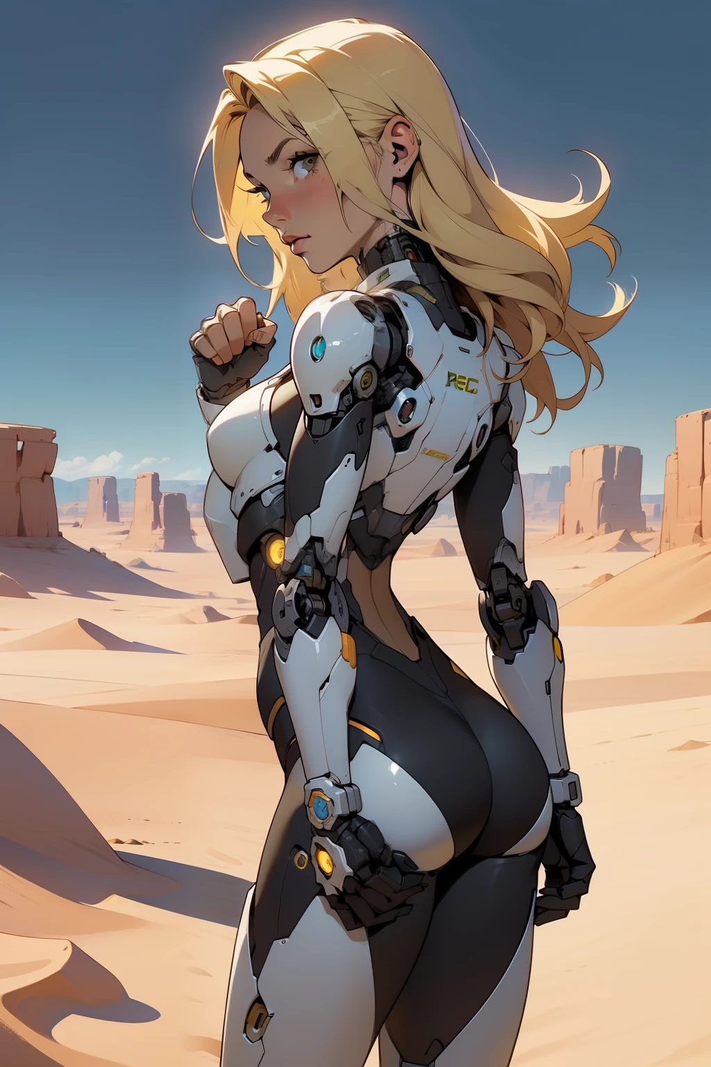 high quality, 4k, masterpiece, beautiful, cyborg girl, cowboy shot, dull eyes, back side, turning around to look at viewer, long blonde hair, girl, small breasts, fit thigh, robotic arms, robotic body, cyborg body, yellow accent, redaccent, intricate detail, joint, detailed lines, robotic detail, holding fist up, holding hand up as fist, color robotic parts, robotic parts with color, perfect fingers, on a desert planet, sunny background, colorful desert,
