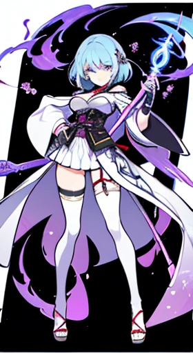 (((Best Quality))) , ((full body)), female, reference sheet, solo, (white background), holding staff, gloves, loin cloth , femloin, cloak, priest, hakama skirt, corset,