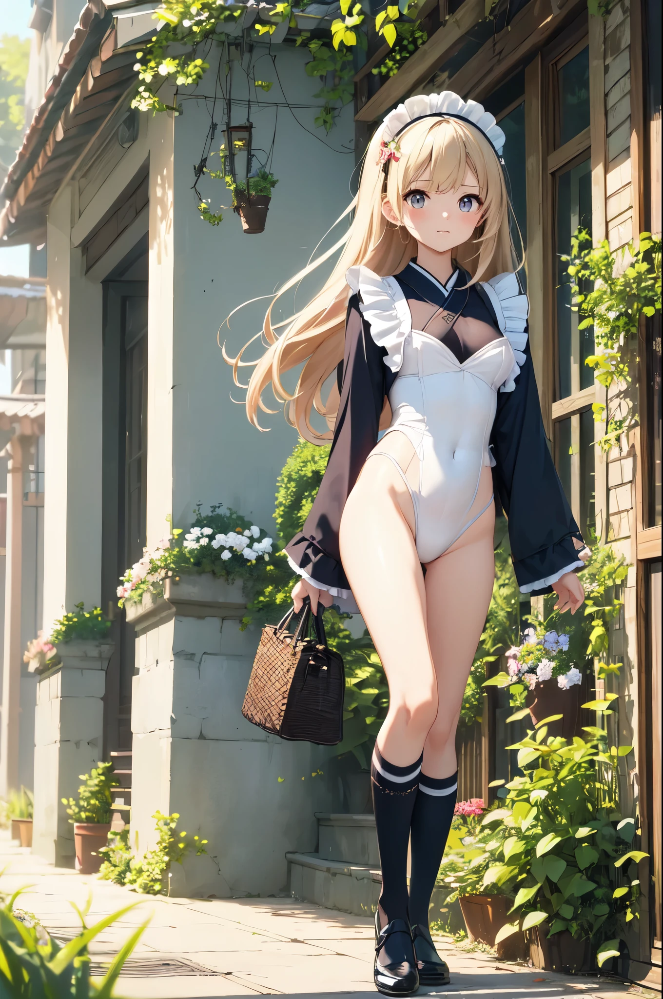 ((4k、8k、top-quality: 1.3、perfect fingers: 1.3、perfect anatomia: 1.3、Background blur))、(Transformation Sequence)、((kimono maid leotard、、a beautiful slender girl、a baby face、(straigair)))、Beautiful big drooping eyes、Blushing smile、Fractal art、Full Body Display、(2guys)、knee high socks、blue sky and park、