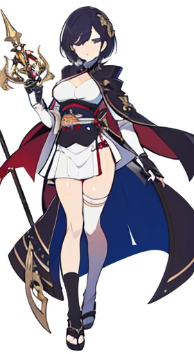 (((Best Quality))) , ((full body)), female, reference sheet, solo, (white background), holding staff, gloves, loin cloth , femloin, cloak, priest, hakama skirt,