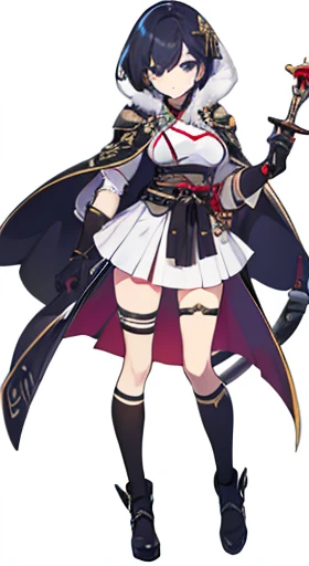 (((Best Quality))) , ((full body)), female, reference sheet, solo, (white background), holding staff, gloves, loin cloth , femloin, cloak, priest, hakama skirt,