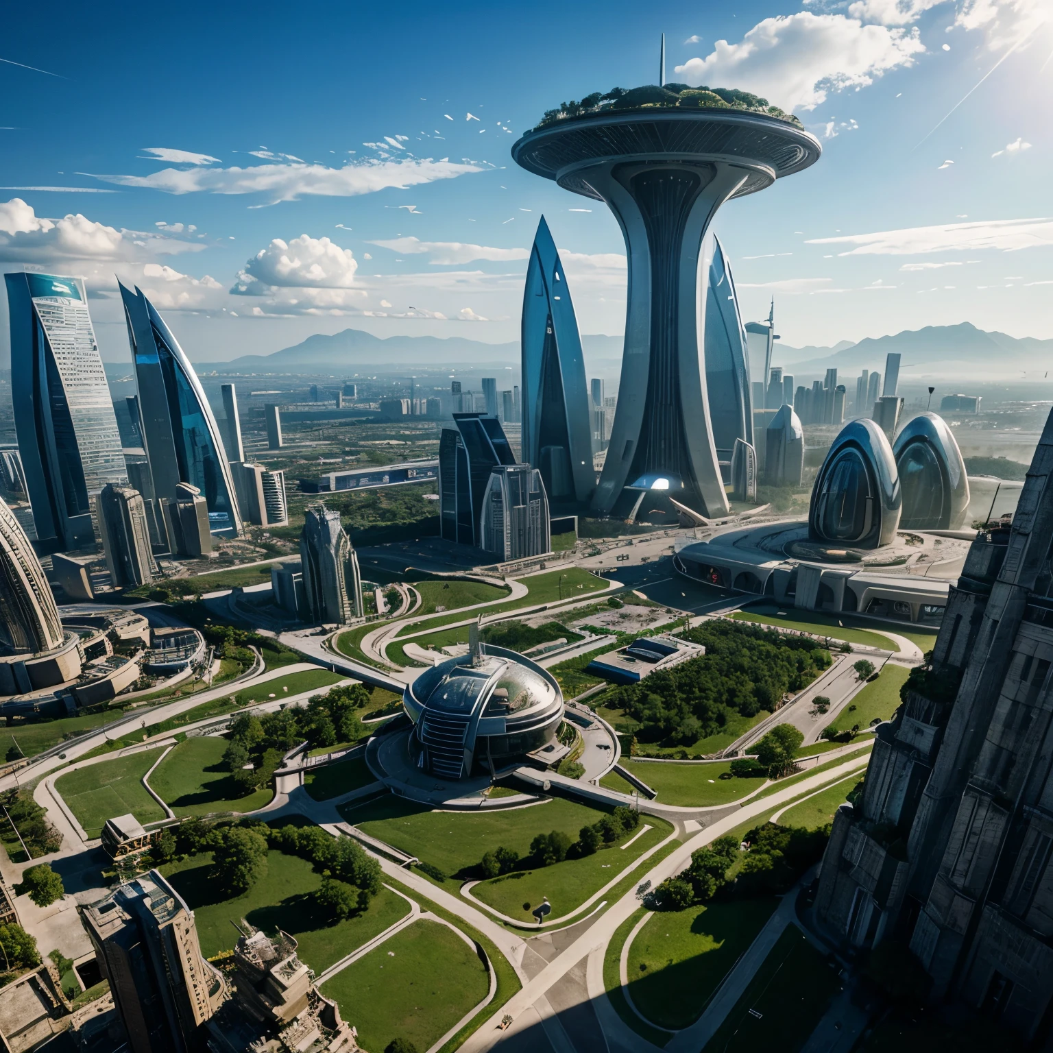 Giant futuristic and extraterrestrial city, nature, post-apo,