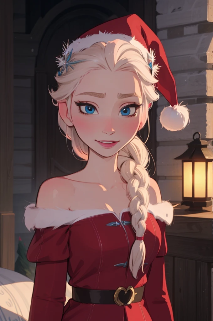 Elsa of arendelle, single braid, white hair, FROZEN, santa outfit, detailed, masterpiece, frozen, disney, elsa of arendale, santa outfit, christmas, santa hat, smile