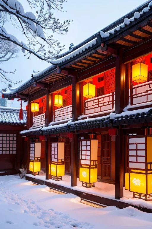 Chinese style tile house,The house is on the left side of the screen,snowy days,Picture color is warmer,flatillustration,Long diagram,A row of lanterns snakes across the frame,New Year’s Day,