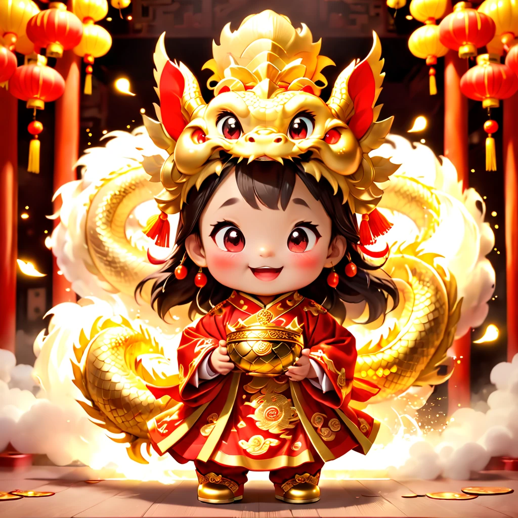 (closeup of face: 1.8), Game character design，3D character rendering，(((Vector illustration style)))，((1 girl，The image of the laughing God of Wealth baby can be designed as a child wearing a gorgeous Chinese red costume，Gold cloud and dragon patterns can be embroidered on clothes，Shows the meaning of wealth and prosperity))，((lack of expressivenesaby God of Wealth has a kind and confident expression，The eyes are full of wisdom，laughing heartily，It gives a sense of reassurance))，((Let's go：The baby of the God of Wealth holds an ingot of gold ingot in his hand，Symbolizes good luck)，((The God of Wealth’s hair can be designed into a red official hat，A ruby can be set in the hat，Demonstrate authority and dignity)), (((The stands up，Chinese Xiangyun cloth shoes: 1.8, with light glowing线或橙色 LED 光效果))),, ((Chinese element background，Auspicious cloud background)), (Perspectives, first person perspective, Ghibli-style colors, with light glowing, 电影灯光, hyper HD, tmasterpiece, Acura, Anatomically correct, ctextured skin, super detailing, high detal, high high quality, Award-Awarded, Best quality, 16k), Pop Mart blind box, 3 Rendering，