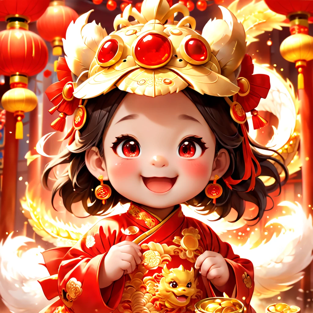 (closeup of face: 1.8), Game character design，3D character rendering，(((Vector illustration style)))，((1 girl，The image of the laughing God of Wealth baby can be designed as a  wearing a gorgeous Chinese red costume，Gold cloud and dragon patterns can be embroidered on clothes，Shows the meaning of wealth and prosperity))，((lack of expressivenesaby God of Wealth has a kind and confident expression，The eyes are full of wisdom，laughing heartily，It gives a sense of reassurance))，((Let's go：The baby he God of Wealth holds an ingot of gold ingot in his hand，Symbolizes good luck)，((The God of Wealth’s hair can be designed into a red official hat，A ruby can be set in the hat，Demonstrate authority and dignity)), (((The stands up，Chinese Xiangyun cloth shoes: 1.8, with light glowing线或橙色 LED 光效果))),, ((Chinese element background，Auspicious cloud background)), (Perspectives, first person perspective, Ghibli-style colors, with light glowing, 电影灯光, hyper HD, tmasterpiece, Acura, Anatomically correct, ctextured skin, super detailing, high detal, high high quality, Award-Awarded, Best quality, 16k), Pop Mart blind box, 3 Rendering，