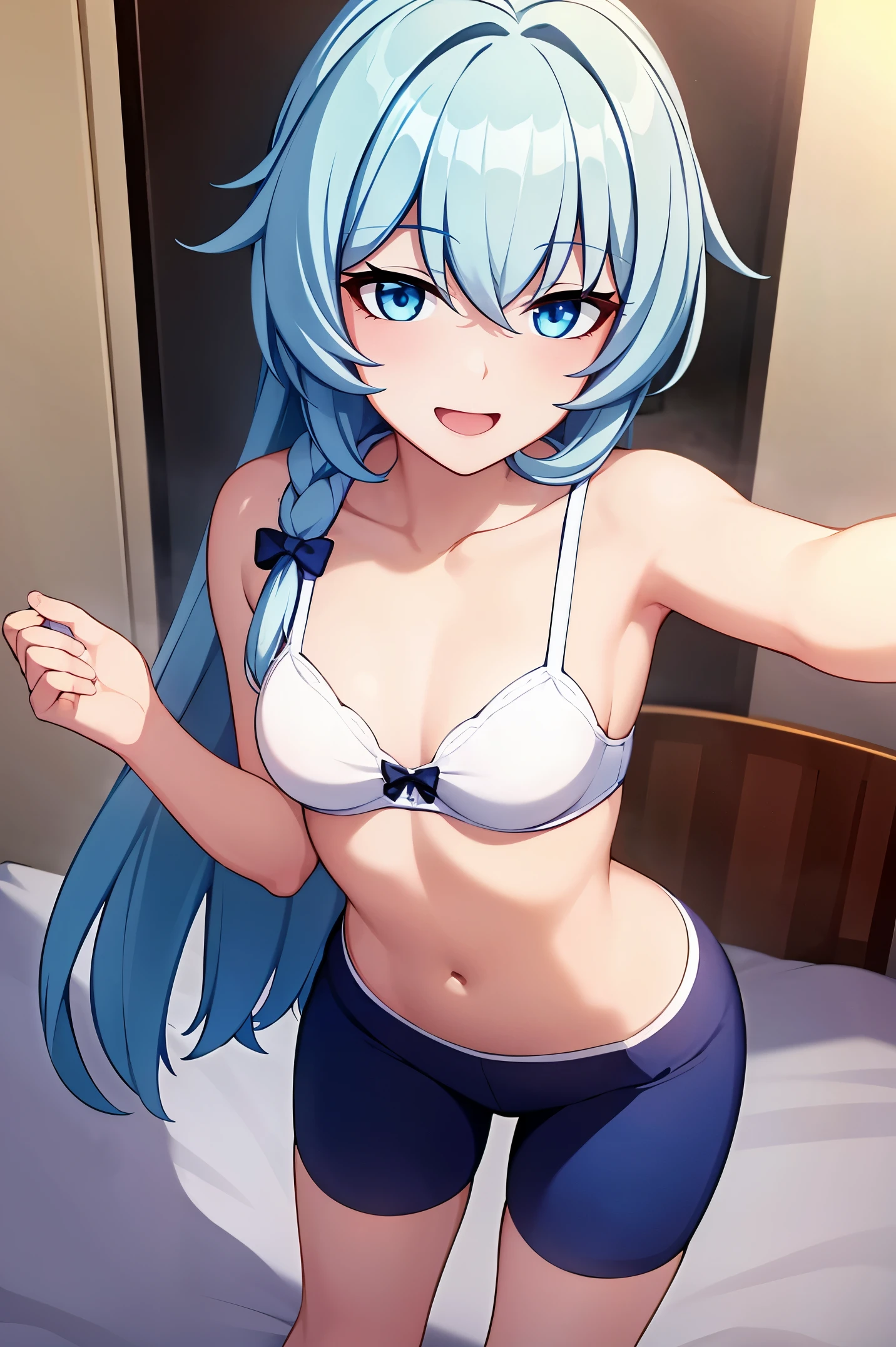 1 girl, best quality, ultra high res, long hair, blue hair, blue eyes, shigure kira, looking at viewers, small breast, standing, pov, slim body, body, small body, short body, smile, open mouth, bra, white bra, bike shorts, bedroom, white bed sheets,