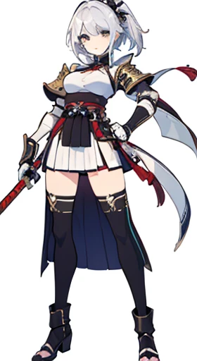 (((Best Quality))) , ((full body)), female, reference sheet, solo, (white background), holding sword, gloves, loin cloth , femloin, armor, hakama skirt,