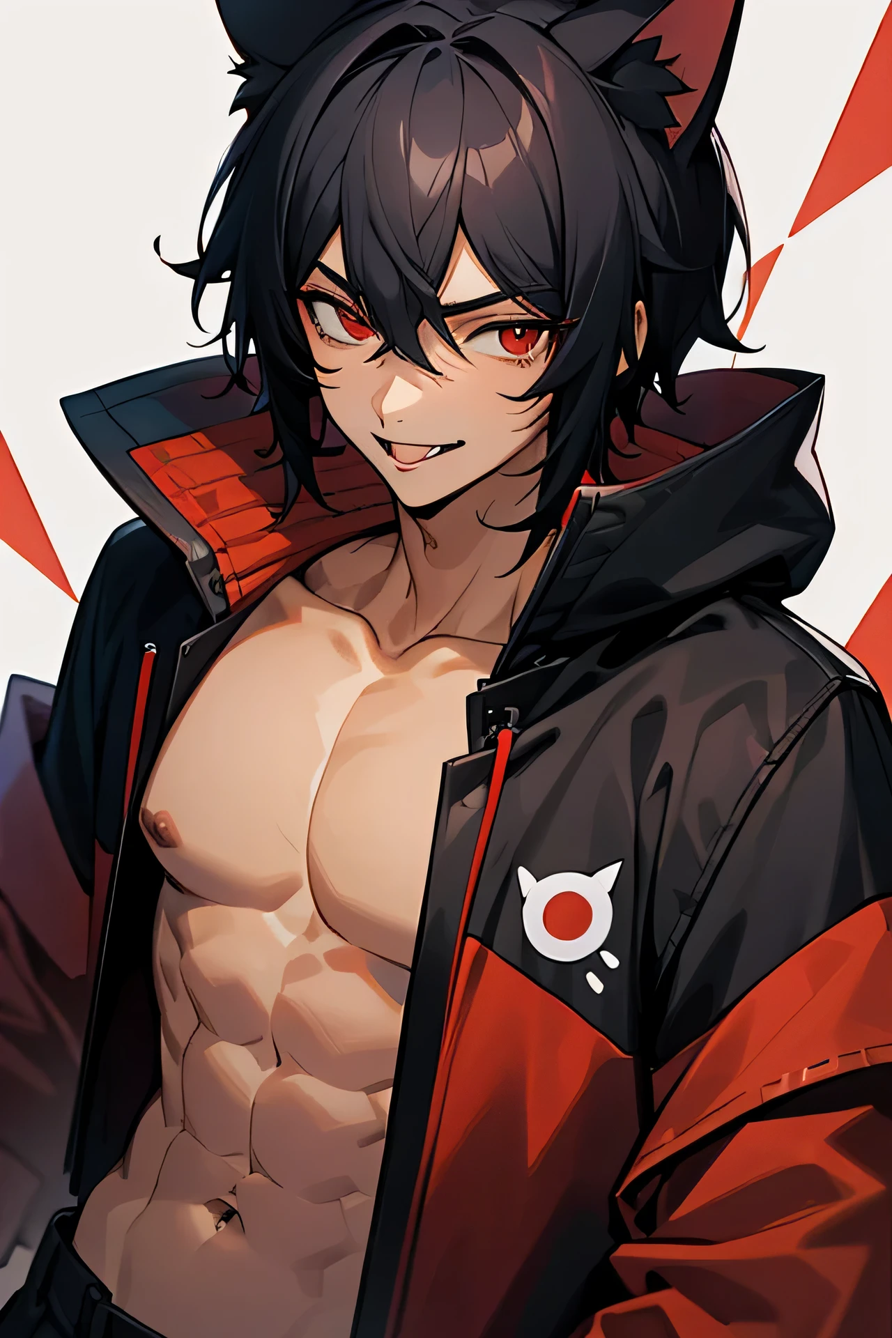 cat boy, black hair, red eyes, black and red striped jacket, hooded jacket, handsome, seductive smile, abs, dark skin, sticking tongue out