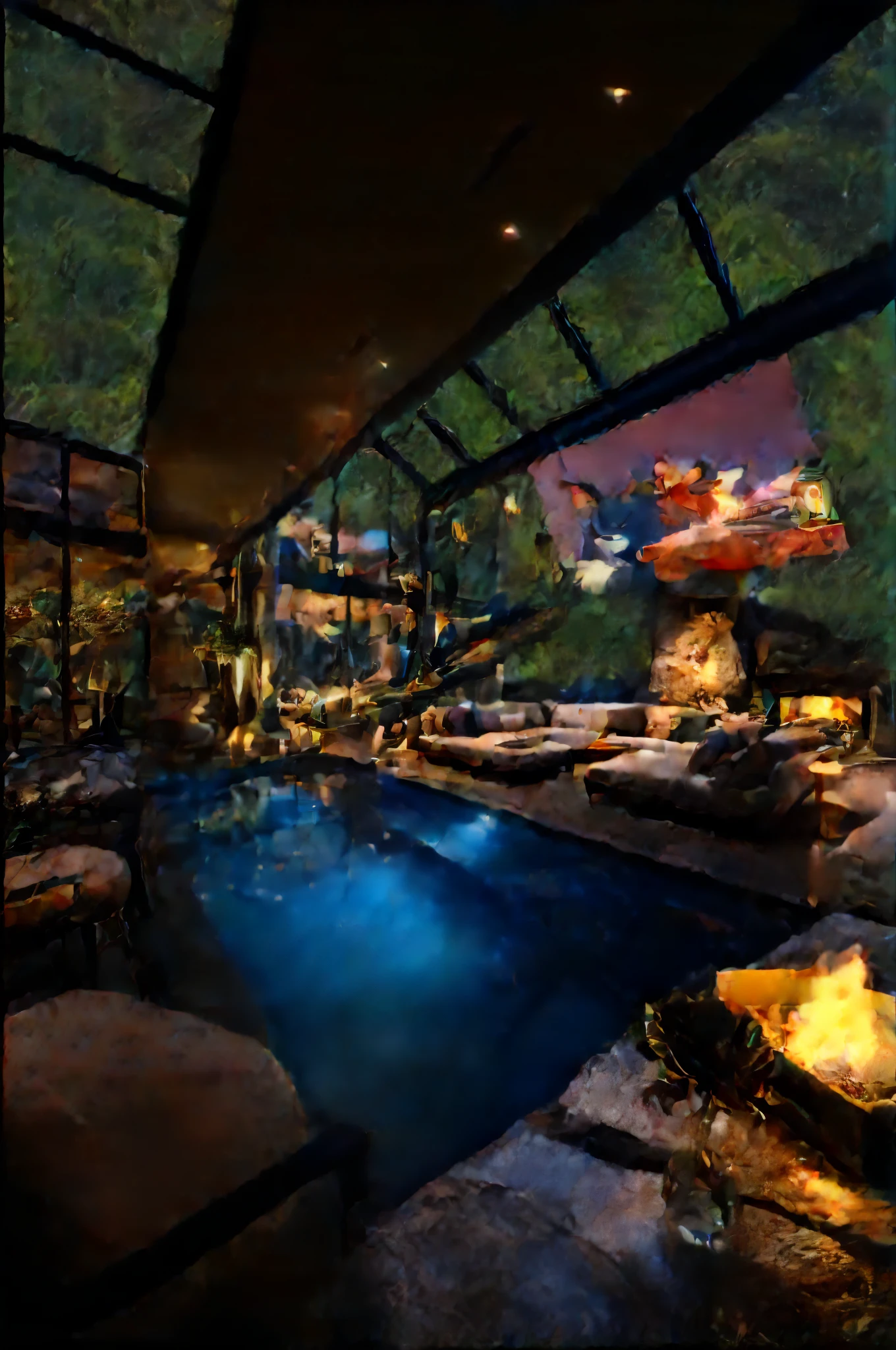 Close-up of pool with fire, All set amidst stunning outdoor landscapes, great masterpiece, luxurious onsens, Incredible masterpiece, luxurious environment, Dream pool room, Very detailed 8k, wonderful masterpiece, Extremely detailed 4K, Next to the pool, really detailed, stunning masterpiece, a masterpiece of art, A Detailed Masterpiece, Magical environment