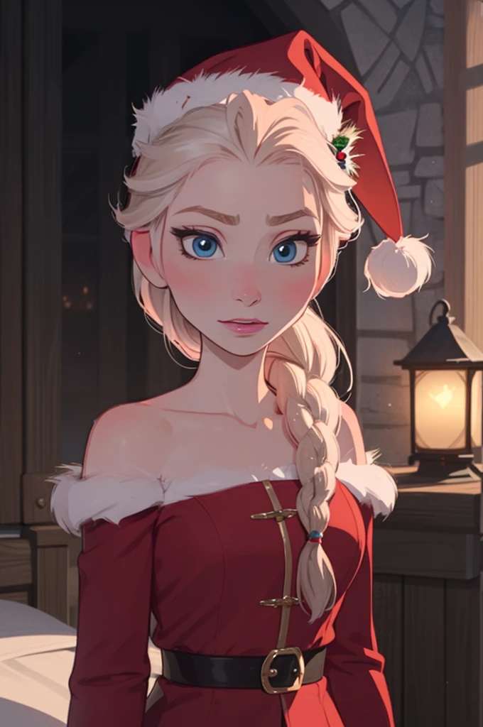 Elsa of arendelle, single braid, white hair, FROZEN, santa outfit, detailed, masterpiece, frozen, disney, elsa of arendale, santa outfit, christmas, santa hat, small smile