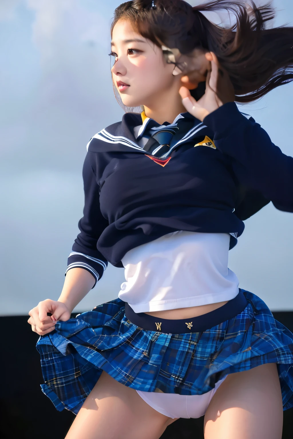 8k,18Year Old High School Girl、Skirt swaying in the wind、Press down the skirt with your hands, etc.